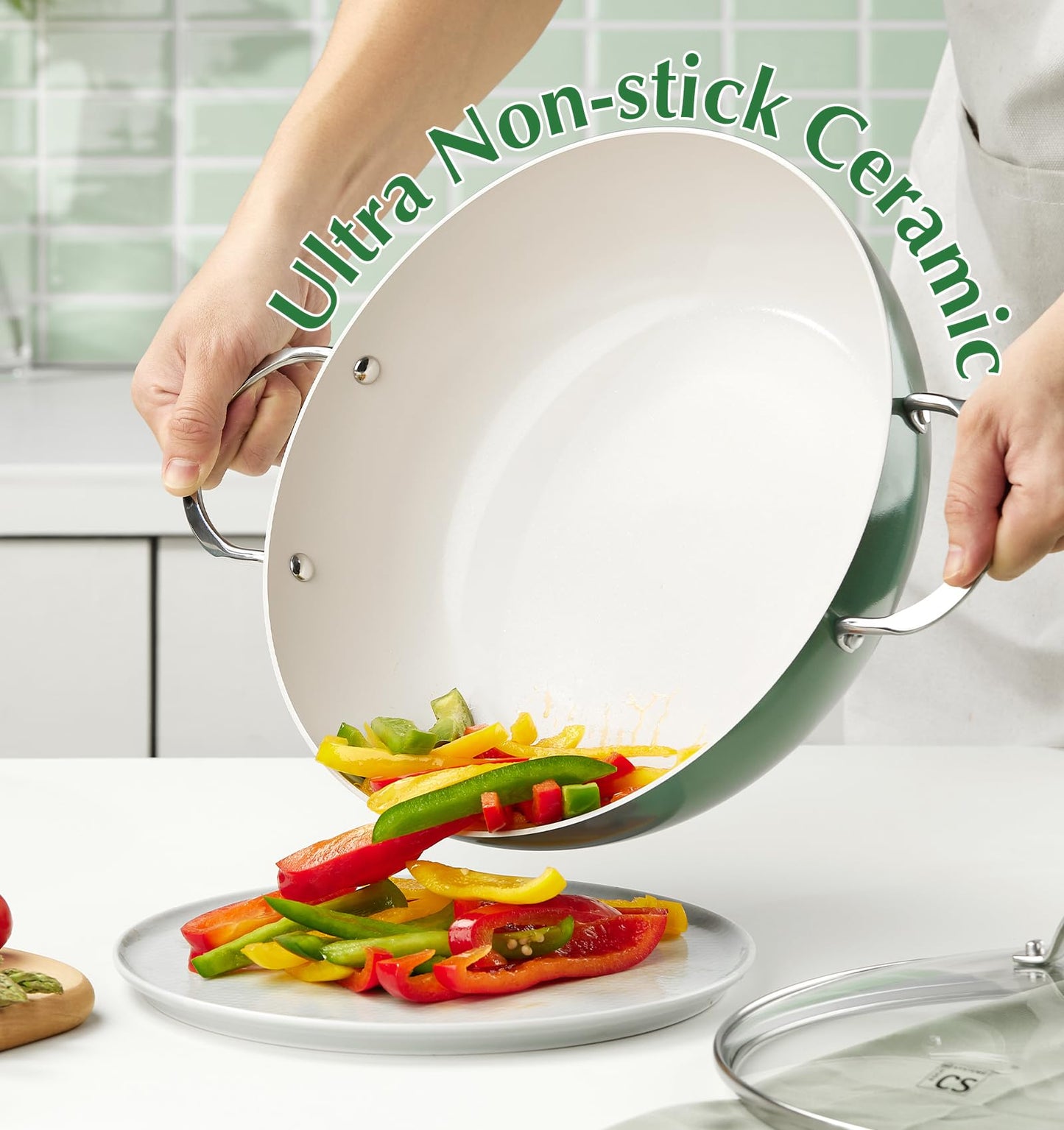 KOCH SYSTEME CS 12 Inch Nonstick Deep Frying Pan, Ceramic Saute Pan with Lid, Healthy Large Skillet, Cookware for All Stove, Induction Compatible, PFOA/PFAS/PTFE Free, Green