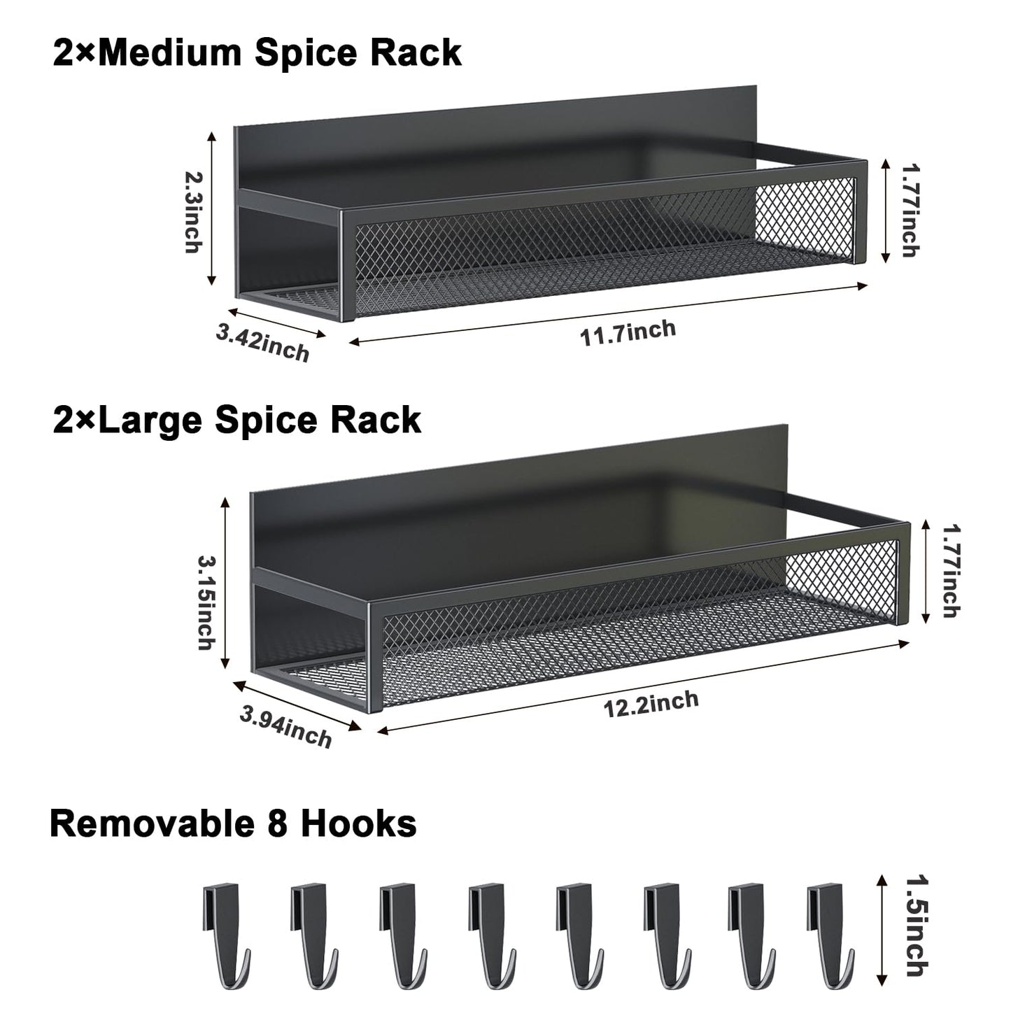 Magnetic Spice Rack for Refrigerator, AUFWORLD 4 Pack Magnetic Shelf, Fridge Magnet Organizer with Moveable 8 Hooks, Magnetic Fridge Shelf for Kitchen Organization and Storage (4 Pack)