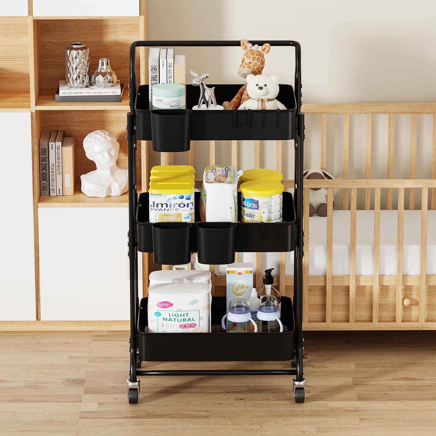 Amatic 3-Tier Folding Rolling Utility Cart with Wheels, Foldable Storage Cart Organizer with 3 Hanging Cups & 6 Hooks for Kitchen, Office, Living Room, Nursery(Black)