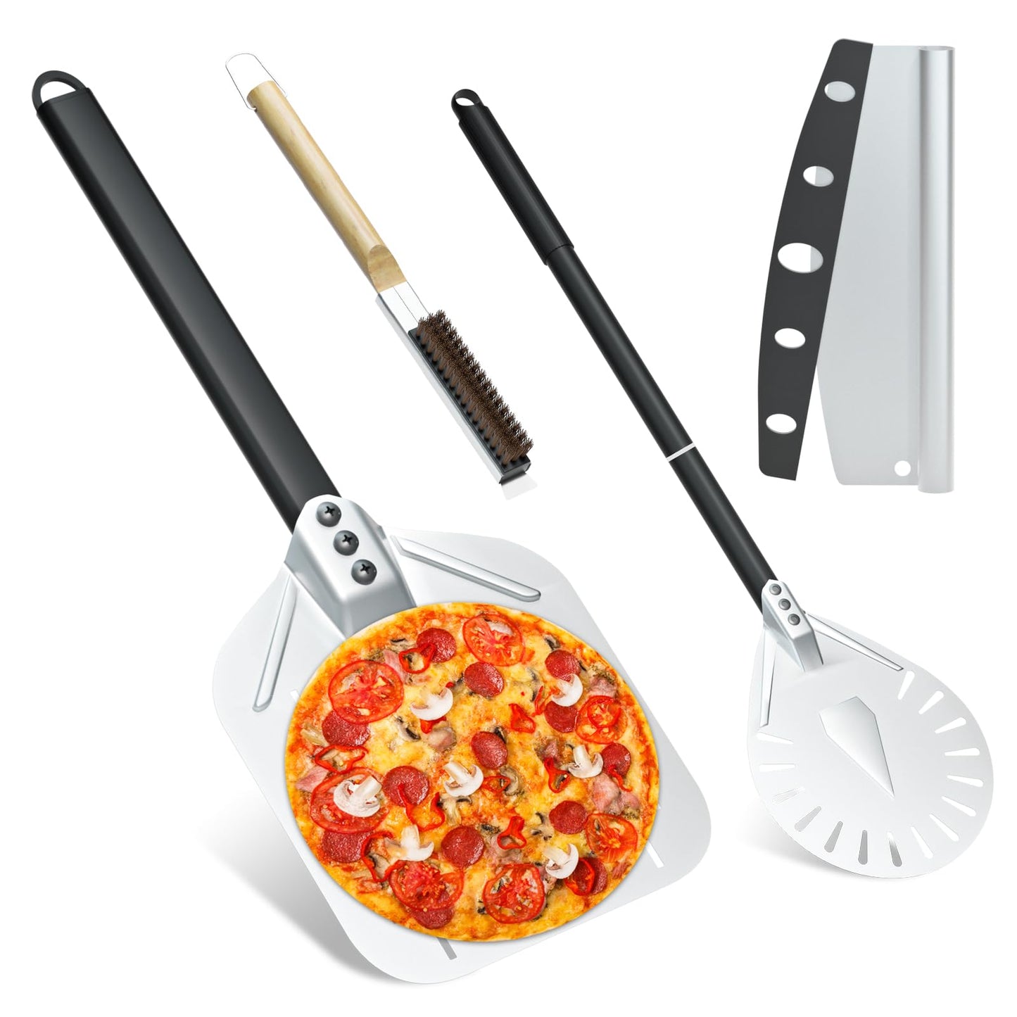 4PCS Pizza Oven Accessories, Yofuly 12 Inch Perforated Pizza Peel, 9 Inch Round Turning Peel, Stone Cleaning Brush with Scraper, Rocker Cutter, Homemade Pizzas Supplies Tools Kit