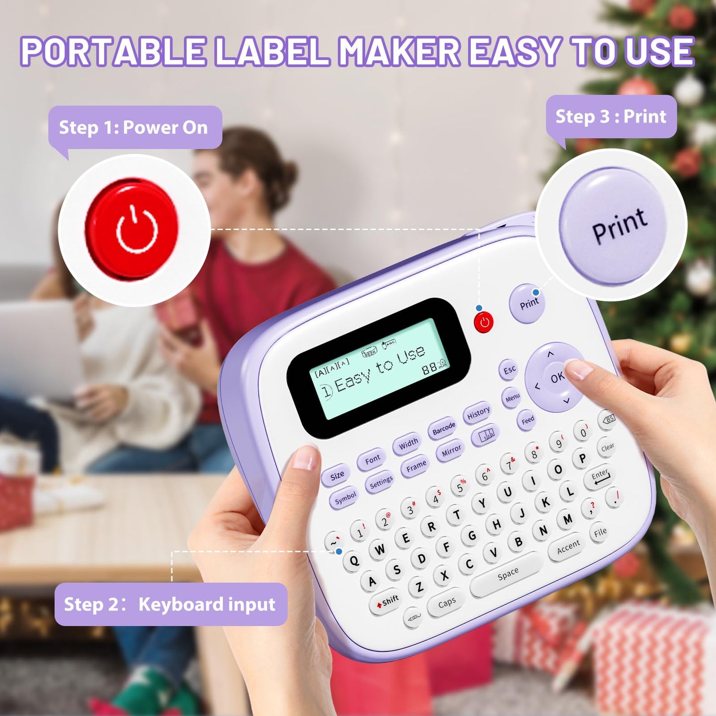 Label Maker Machine with Tape, Purple Label Maker Waterproof Labels, Portable Labeler for Teachers Kids Classroom Use, Desktop Labeler with Multiple Symbols & Fonts for Home Office School Use, D210S