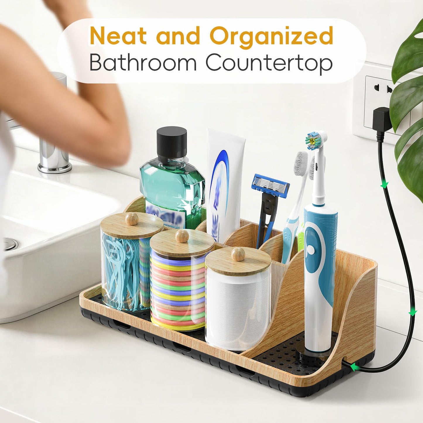 Bathroom Toothbrush Holder Set with 3 PCS Qtip Holders, Bathroom Organizer with Drainage Tray, Kids Electric Toothbrush Holder for Bathroom Countertop Caddy & Storage, Wood