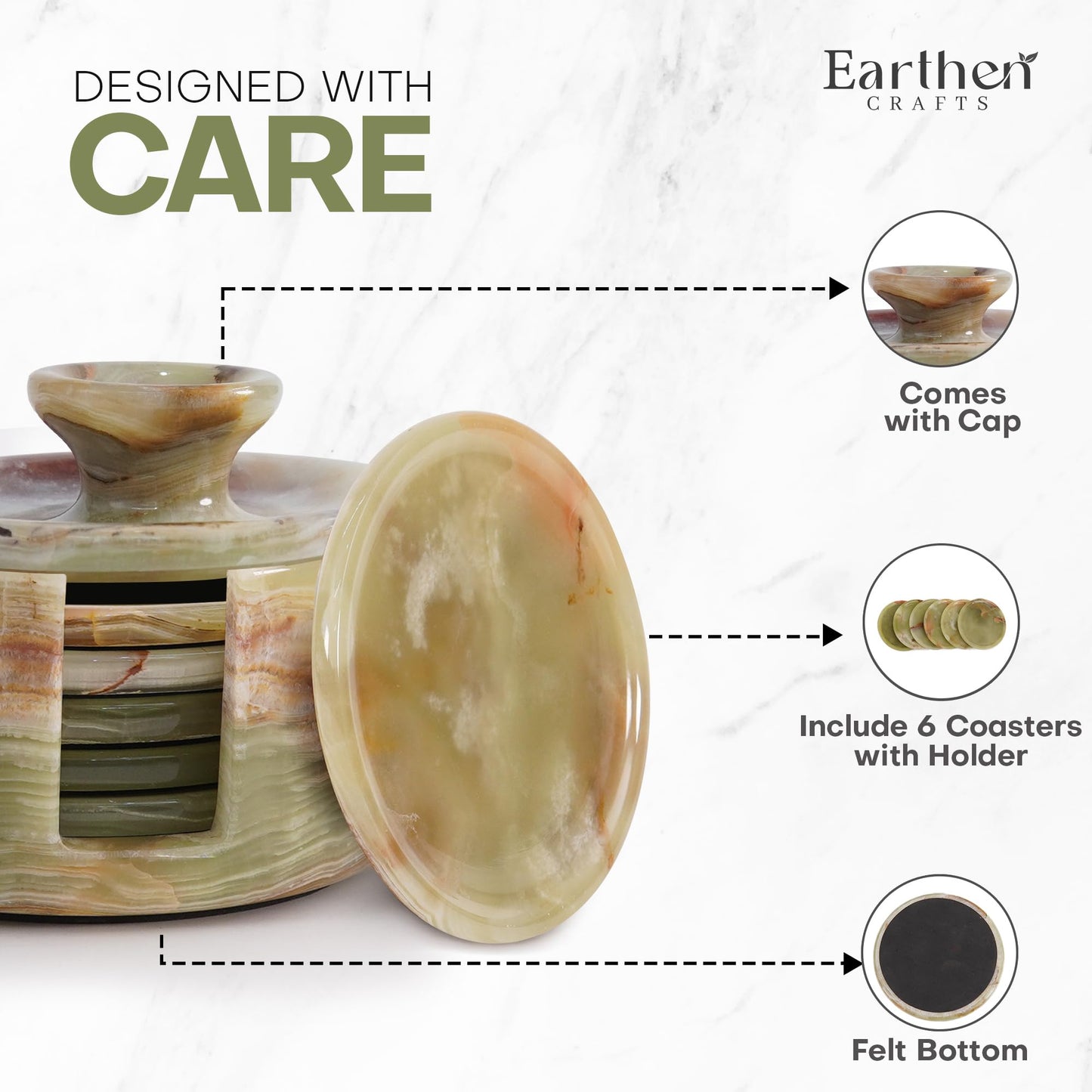 Earthen Crafts Marble 3.5" Green Drink Coasters Set Pack of 6 – Round Stone Coaster with Holder & Lid for Table Countertop – Kitchen Use & Coffee Decor