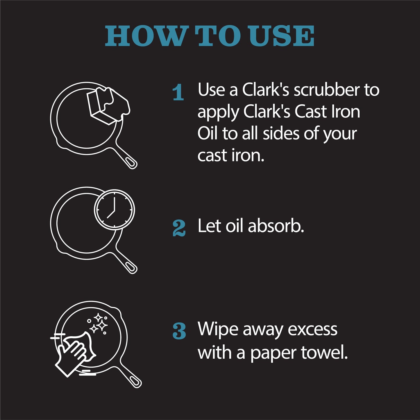 CLARK'S Complete Cast Iron Care Kit - Seasoning Oil (12 oz) - Soap - Scrub Brush - Applicator Pad - Suitable for All Cast Iron and Carbon Cookware Maintenance