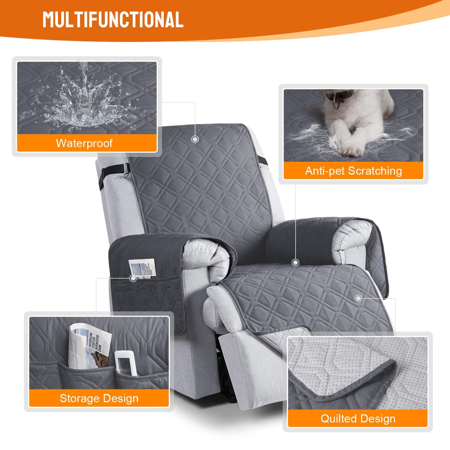 VANSOFY Waterproof Recliner Chair Covers, Recliner Cover Non-Slip Dog Chair Cover Furniture Protector Washable Slipcover with Pocket, Elastic Straps for Pets, Dogs(Dark Gray, 23.6")