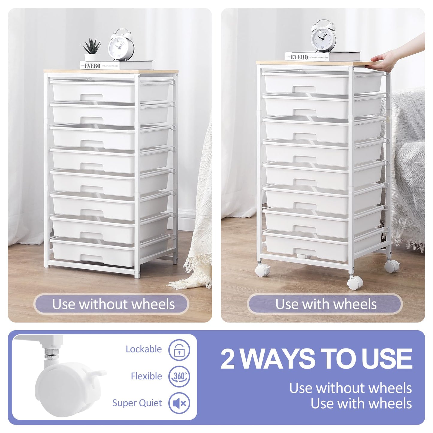 SYKIARIOL Utility Cart with 8 Drawer,Rolling Storage Cart with Wooden Tabletop and Lockable Wheels,Storage Drawer Cart with Large Capacity, 8 Tiers Drawer Cart for Home Office,Nature White