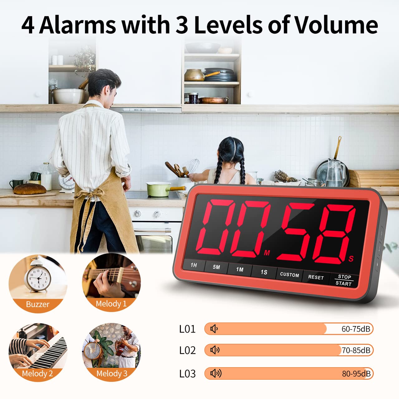 VOCOO Digital Kitchen Timer with 7.8” Extra Large Display, Magnetic LED Timer with 3 Brightness, 4 Alarms and 3 Volume Levels, Battery Powered Countdown Count Up Timer for Cooking, Classroom, Home Gym