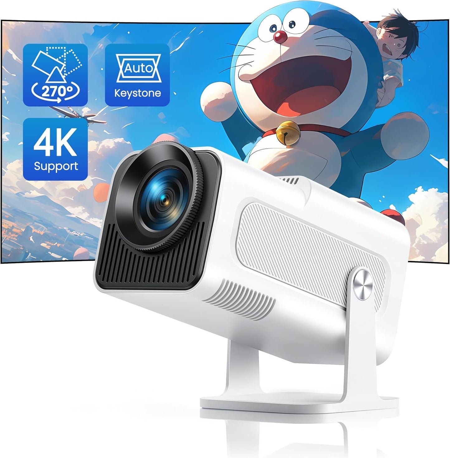 【4K Supported】 Mini Projector 4K with WiFi6 and Bluetooth5.2, Native 1080P Mini Portable Projector with 270° Rotation, Home Movie Projector with 【Auto Keystone】 for HDMI, USB, TV Stick, PS5