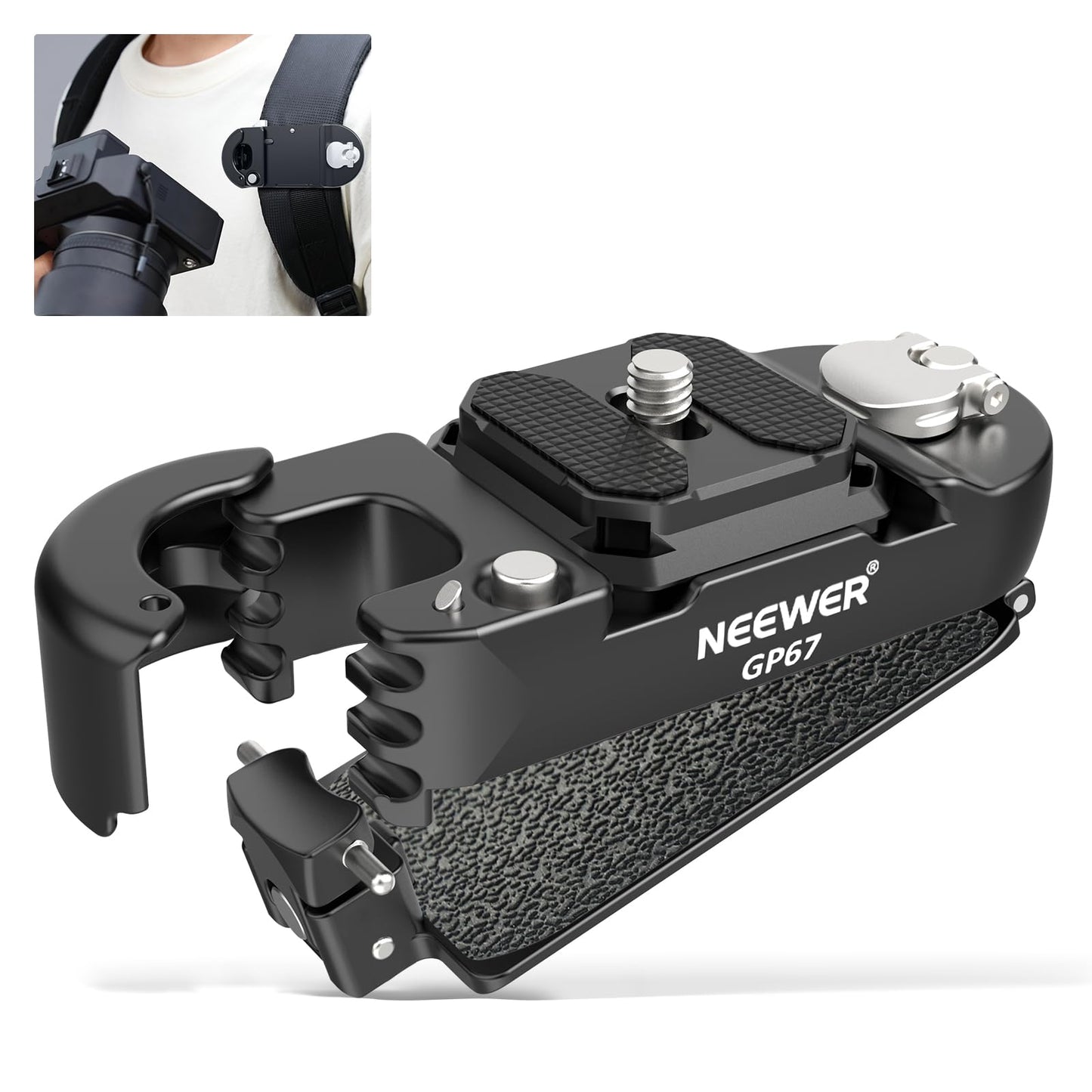 Neewer Backpack Camera Clip Mount with Square QR Plate, Upgraded Safety Latch, Quick Release Camera Belt Clip Backpack Strap Compatible with Peak Design PD QR System Canon Nikon Sony DSLRs, GP67