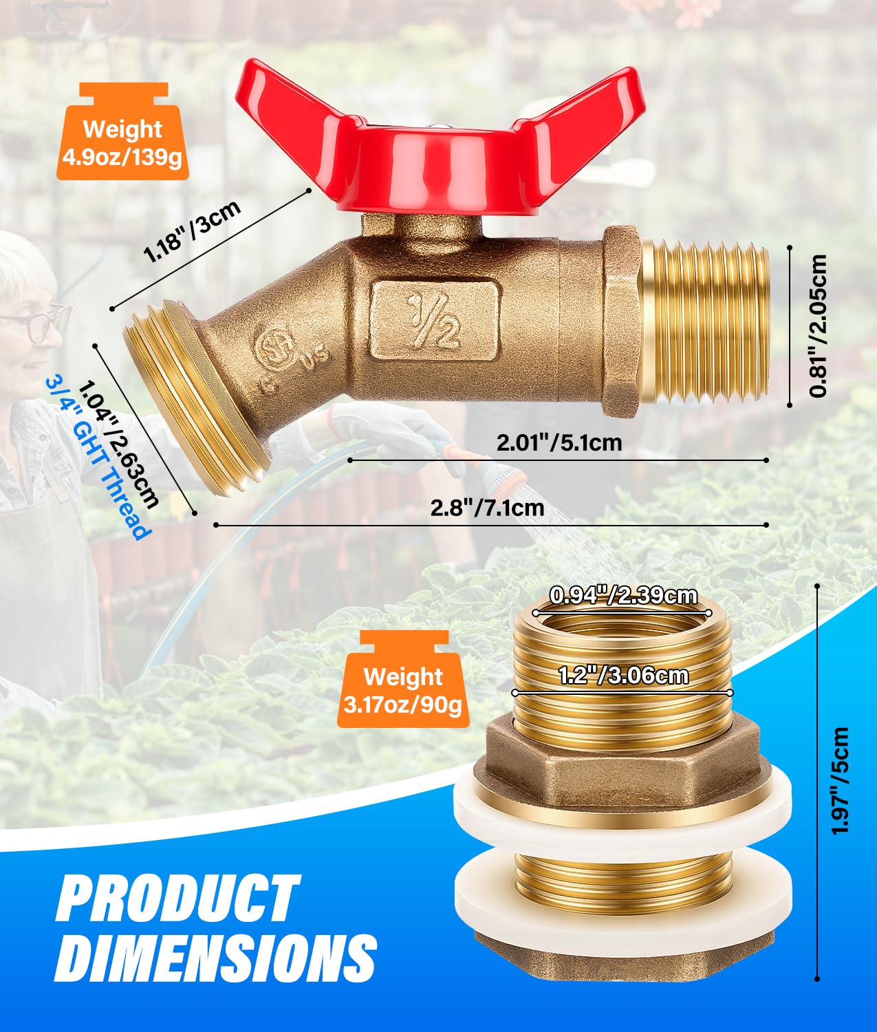 WADEO 2PCS Brass Rain Barrel Spigot Kit, Quarter Turn Ball Valve Spigot with Bulkhead Fitting, Rain Barrel Kit for Any Including 5 55 Gallon Drum Spigot Bucket