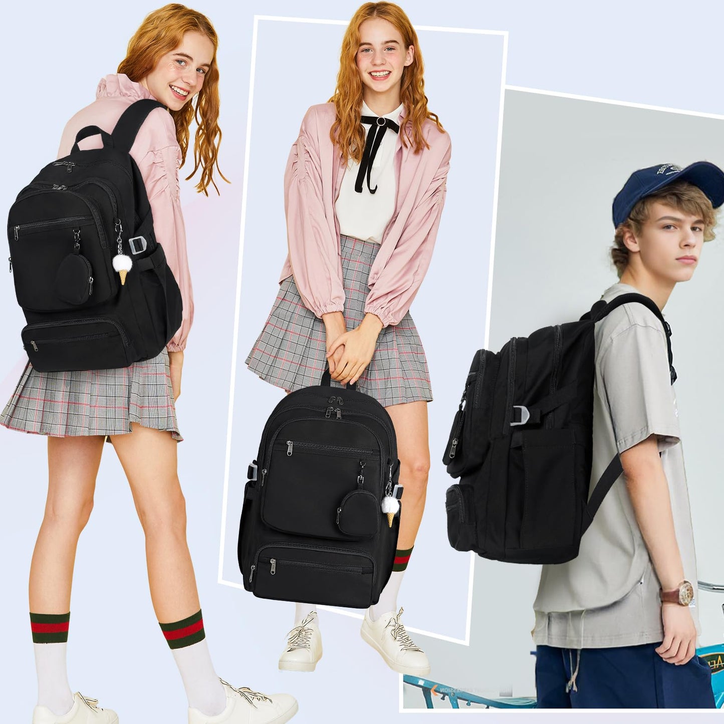 RAINSMORE Lightweight School Backpack for Women Travel Casual Daypack Rucksack Bookbag for Teen Girls Laptop Backpacks 15.6 inch for College High School, Black