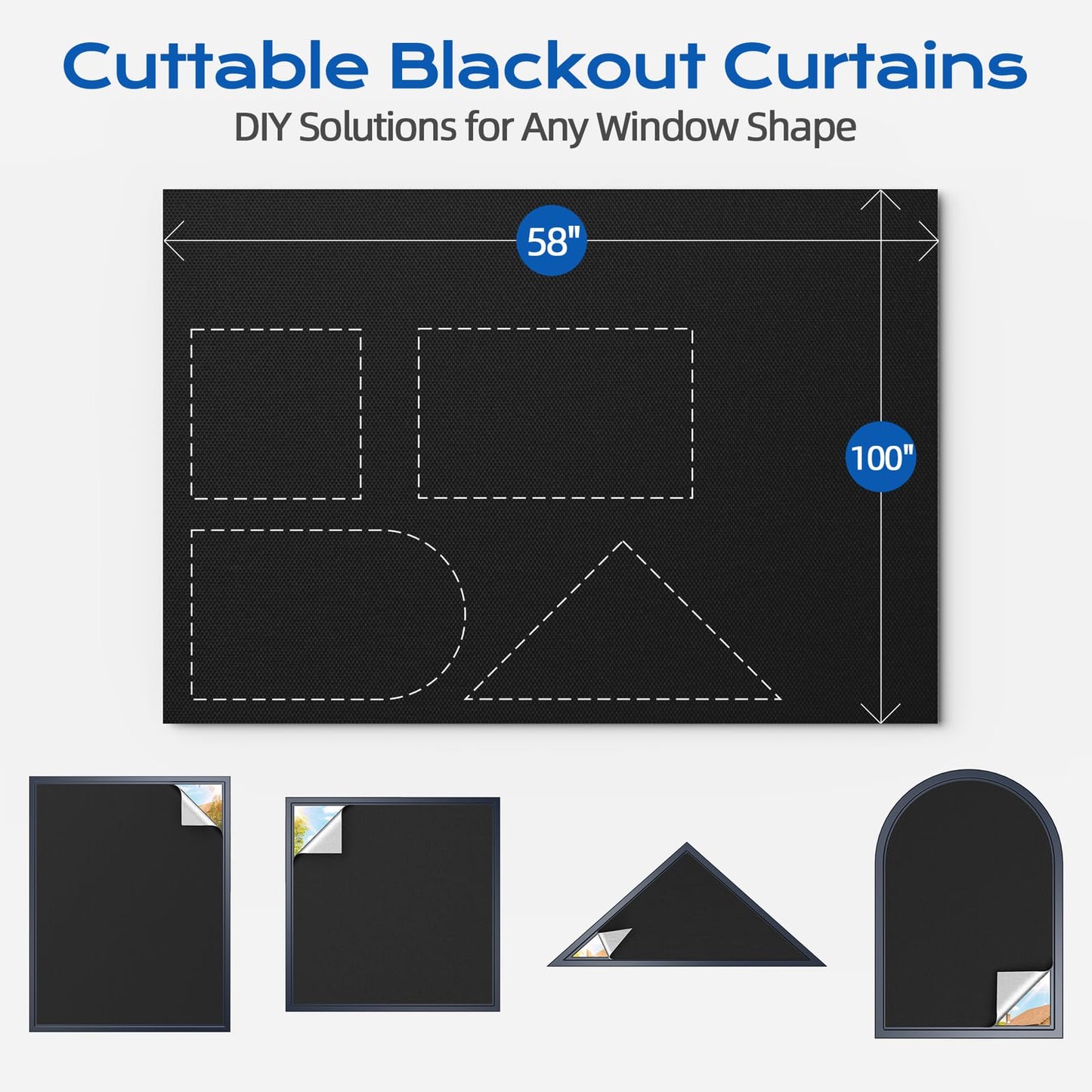 Blackout Curtains for Bedroom, 100" x 58" Portable Blackout Blinds with 20 Sets Hooks & Loops Strips for 100% Blackout Window Film, Temporary Blackout Shades for Windows Cover Nursery Travel RV- Black