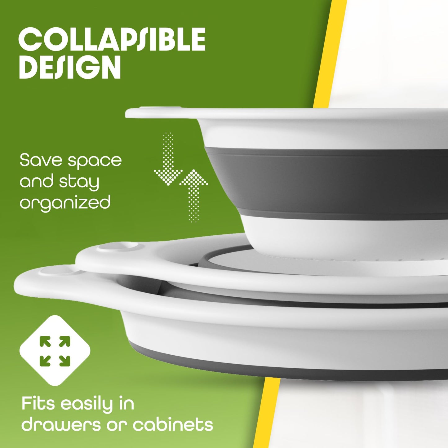 Gevoli (Set of 3 Sizes) Collapsible Colanders with Self-draining Base for Edge of Sink - Plastic Food Strainer (White)