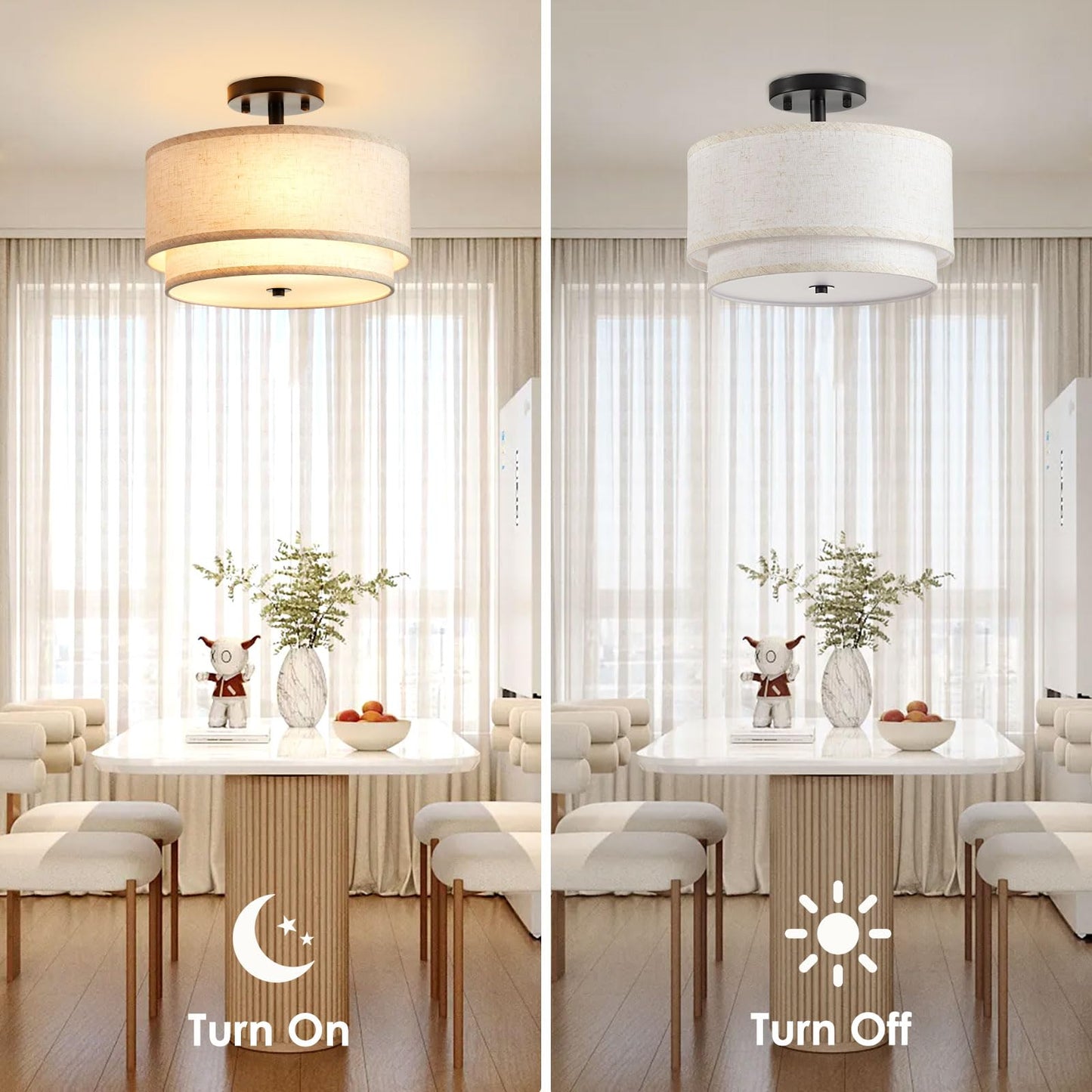 Ceiling Light,2-Layer Drum Shaped Light Fixture Ceiling,3 Light Semi Flush Mount Ceiling Light, 12.6“ Modern Fabric Ceiling Light Fixtures,Ideal Bedroom Light Fixtures Ceiling,Living Room,Kitchen