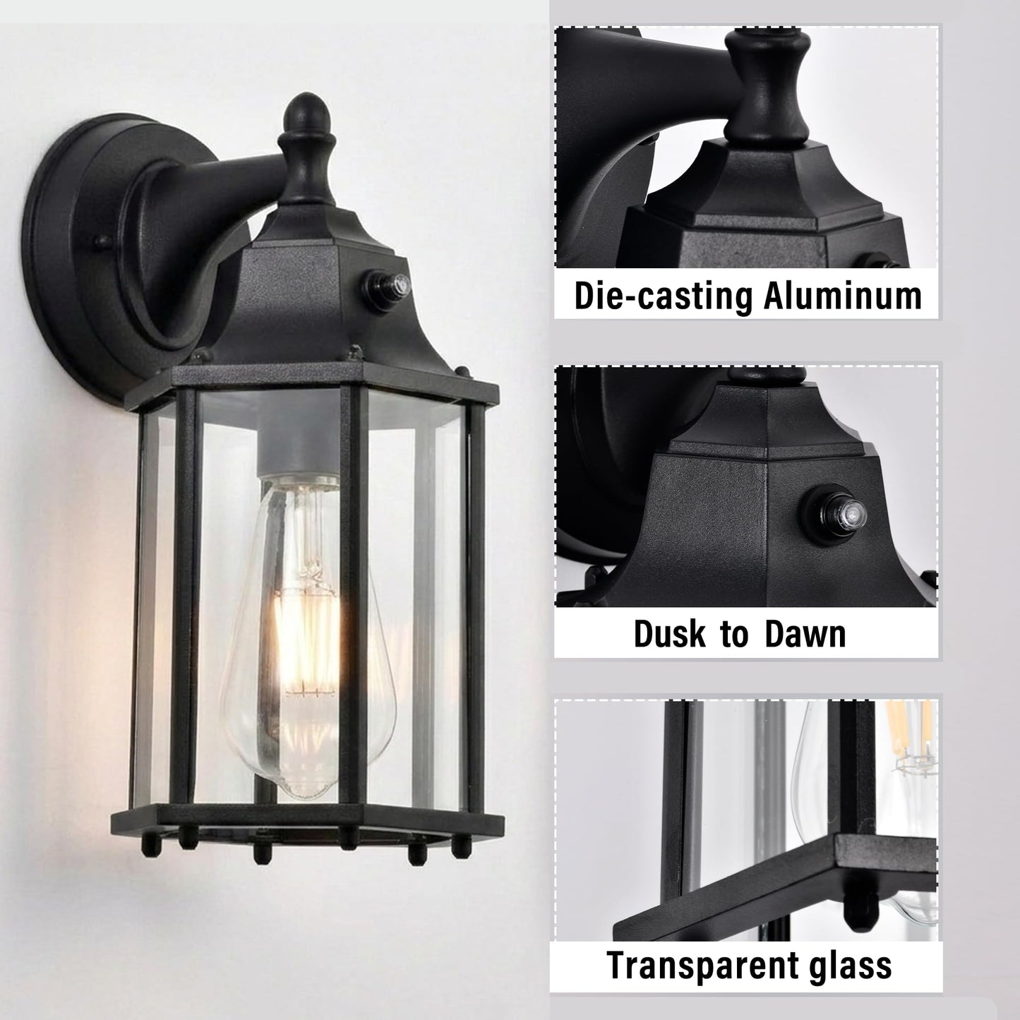 Dusk to Dawn Outdoor Wall Lights 2-Pack, Black Exterior Wall Sconces with Clear Glass, Waterproof Anti-Rust Porch Lights Outdoor, E26 Base Wall Lanterns for Front Door, Garage, Entryway