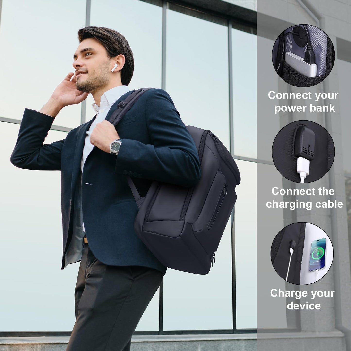 HOMIEE Business Laptop Backpack, Water-Resistant High Tech Backpack for Men, 15.6 Inch Laptop Backpack Travel Backpack with USB Charging Port, Black