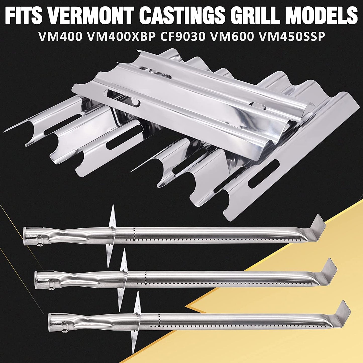 Criditpid Barbecue Replacement Parts for Vermont Castings CF9030 CF9050, Jenn Air JA460 JA461 JA461P JA480 JA580 VTB1 VCHP1, Stainless Steel BBQ Burner Tubes, Heat Plate Tent Shields, 4 Pack.