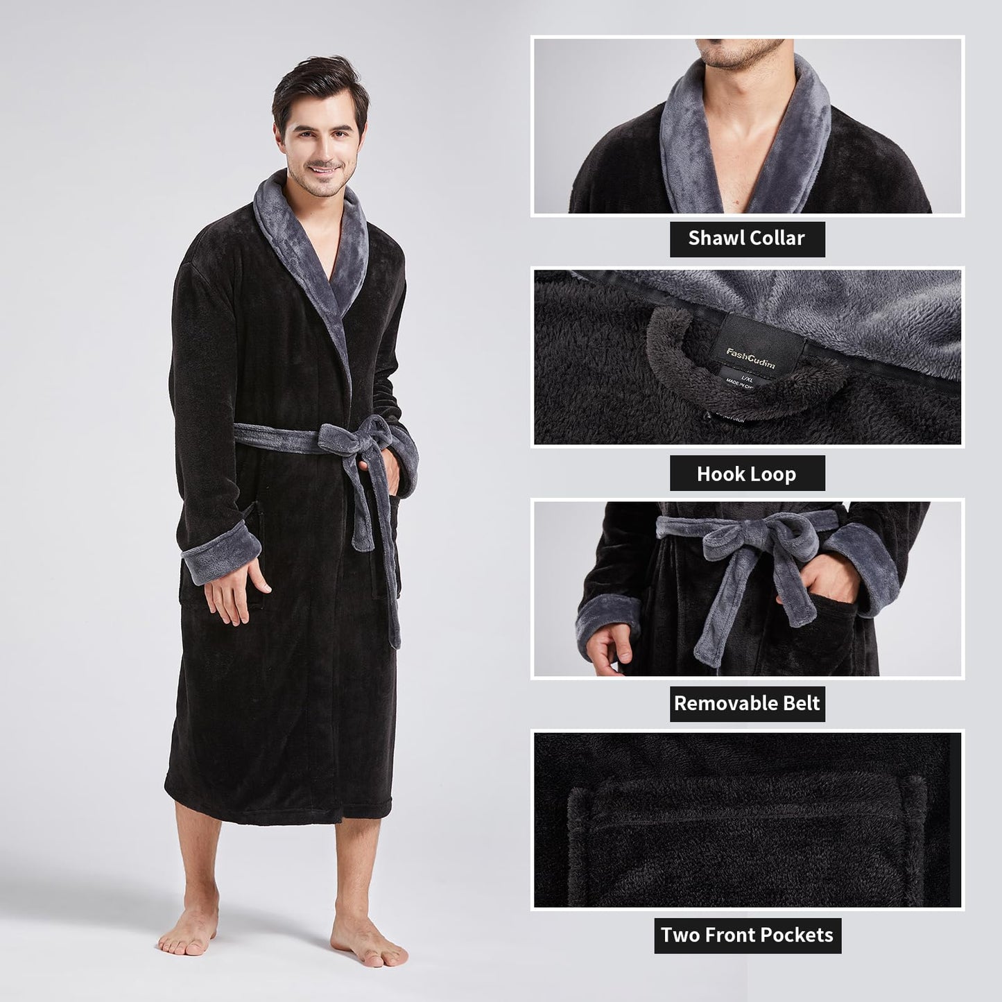 FashGudim Mens Robe Plush Robes for Men Warm Soft Fleece Bathrobe Calf Length Shawl Collar Short House Robes with Pockets, Black & Grey, Small-Medium