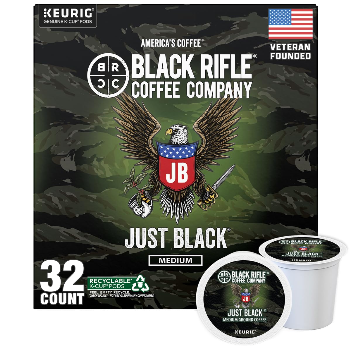 Black Rifle Coffee Company JB "Just Black" Coffee Rounds for Single Serve Brewing Machines (32 Ct)