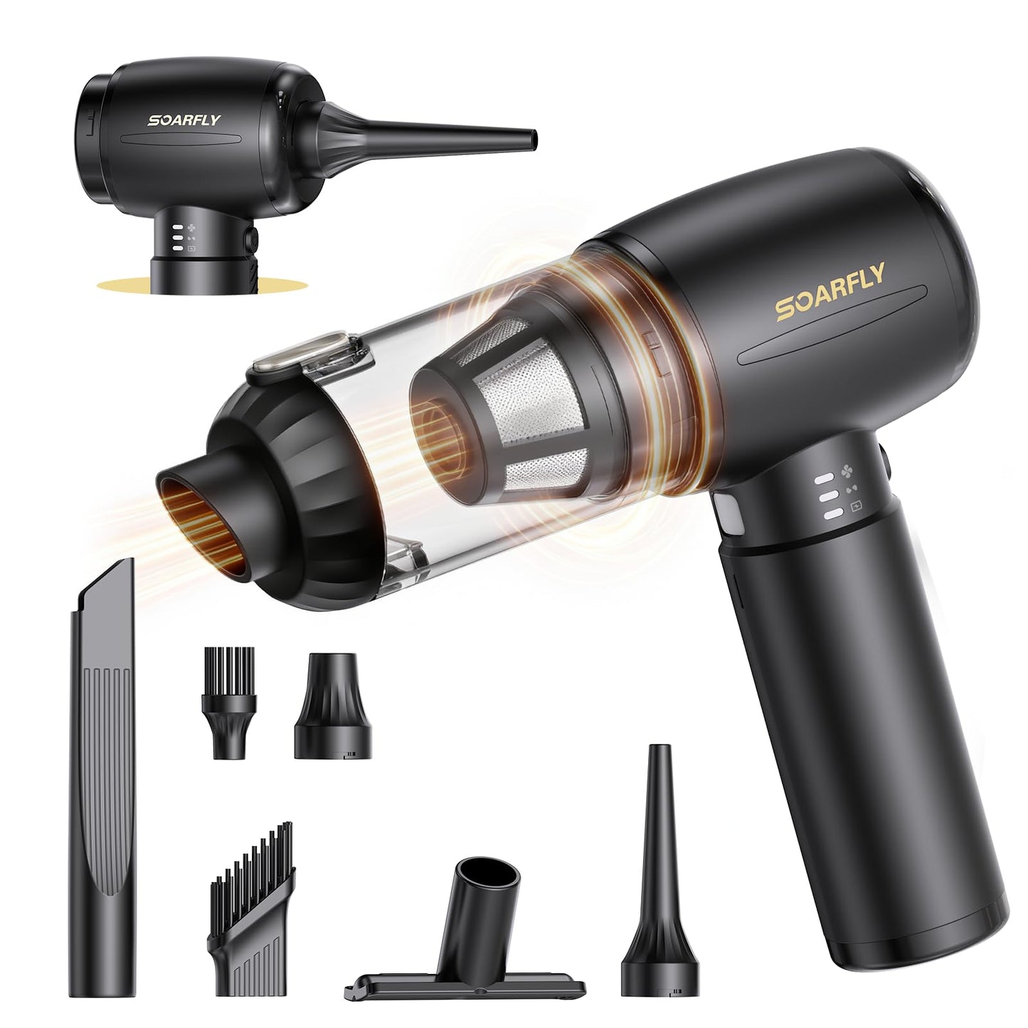 Car Vacuum Cleaner 25000PA Handheld Vacuum with LED, SOARFLY 4 in 1 Air Duster and Cordless Vacuum Cleaner Strong Cyclonic Suction Blowing Brushless Motor, for Pet Hair, Car, Home, Office, Kitchen