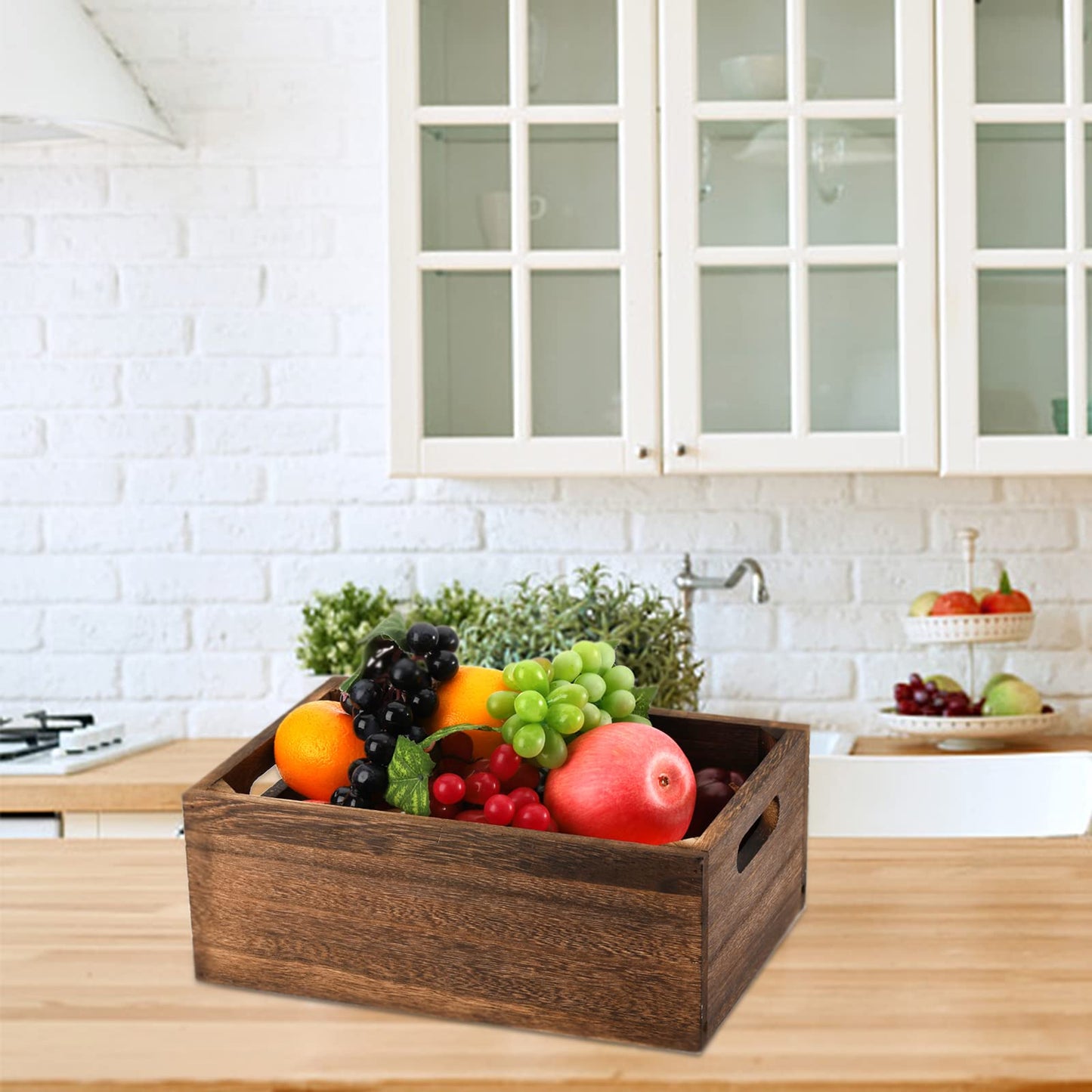 Frcctre Set of 3 Wooden Storage Boxes with Handles, Farmhouse Wood Decorative Boxes, Rustic Handmade Storage Containers, Natural Solid Wood Basket