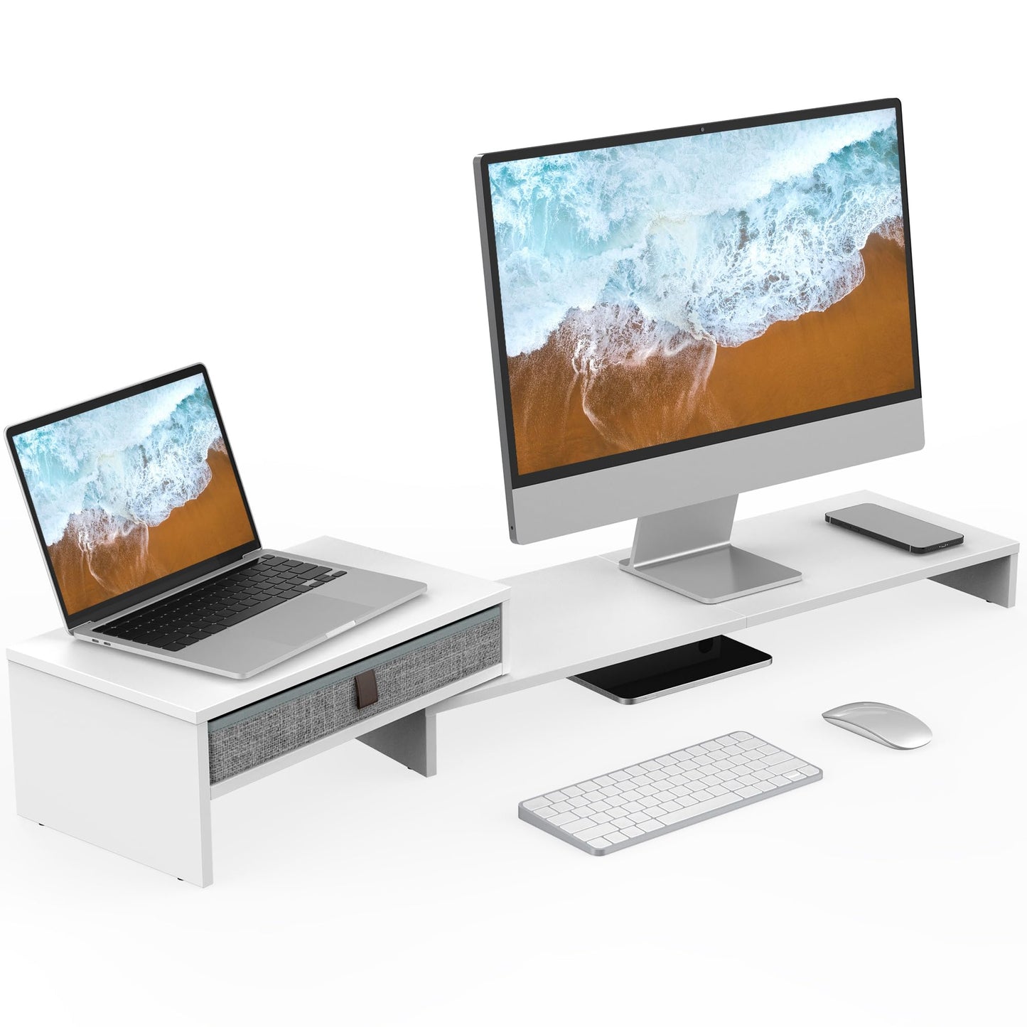 FENGE Dual Monitor Stand with Drawer Computer Monitor Stand Riser Adjustable Length and Angle, Wood Monitor Stands for 2 Monitors, Laptop PC, Computer, Printer, Office Desk Organizer White