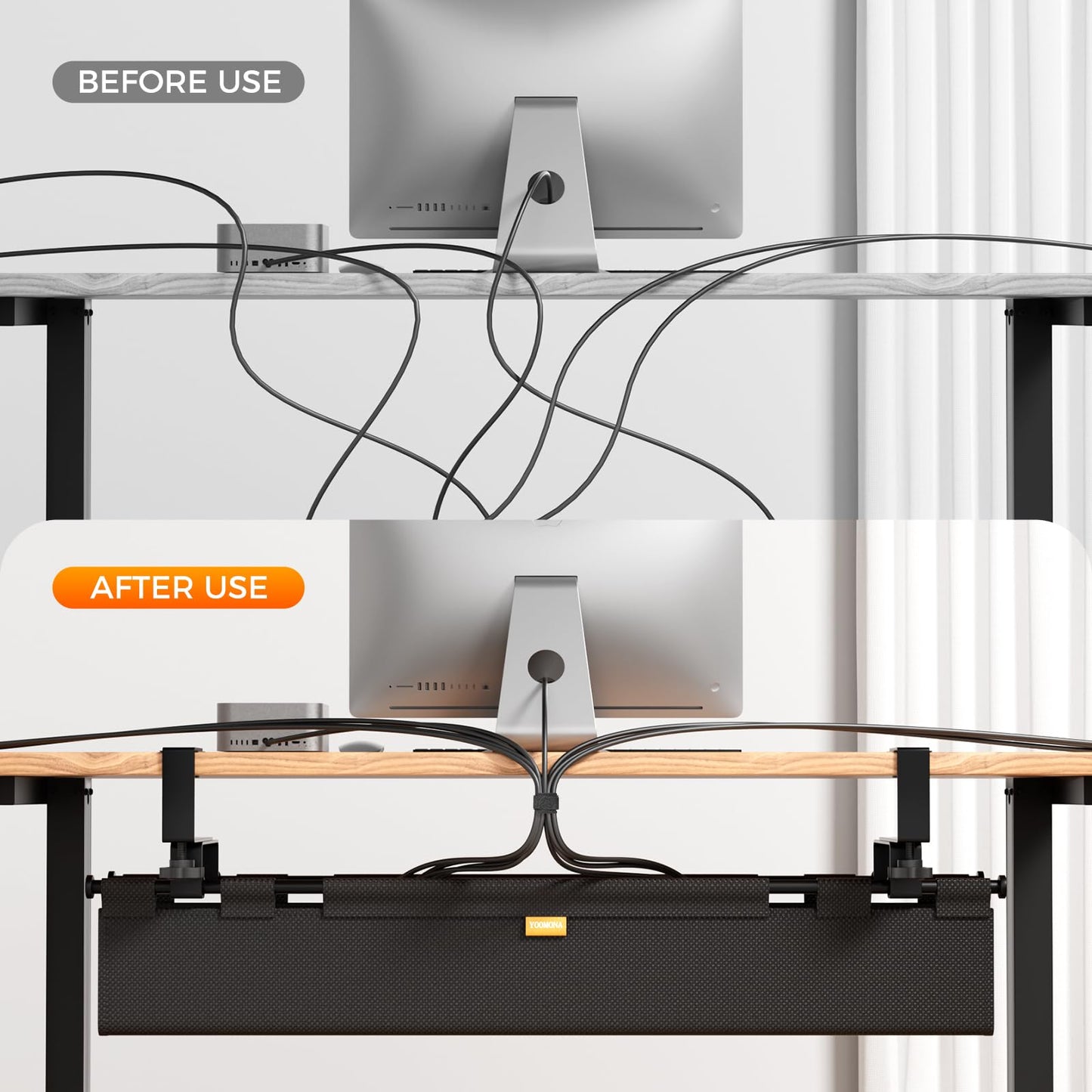 YOOMONA No Drill Cable Management Tray & Under Desk Privacy Panel 2 in 1,Cord Management Under Desk with Clamp/Screw Mount for Home,Office (Black)
