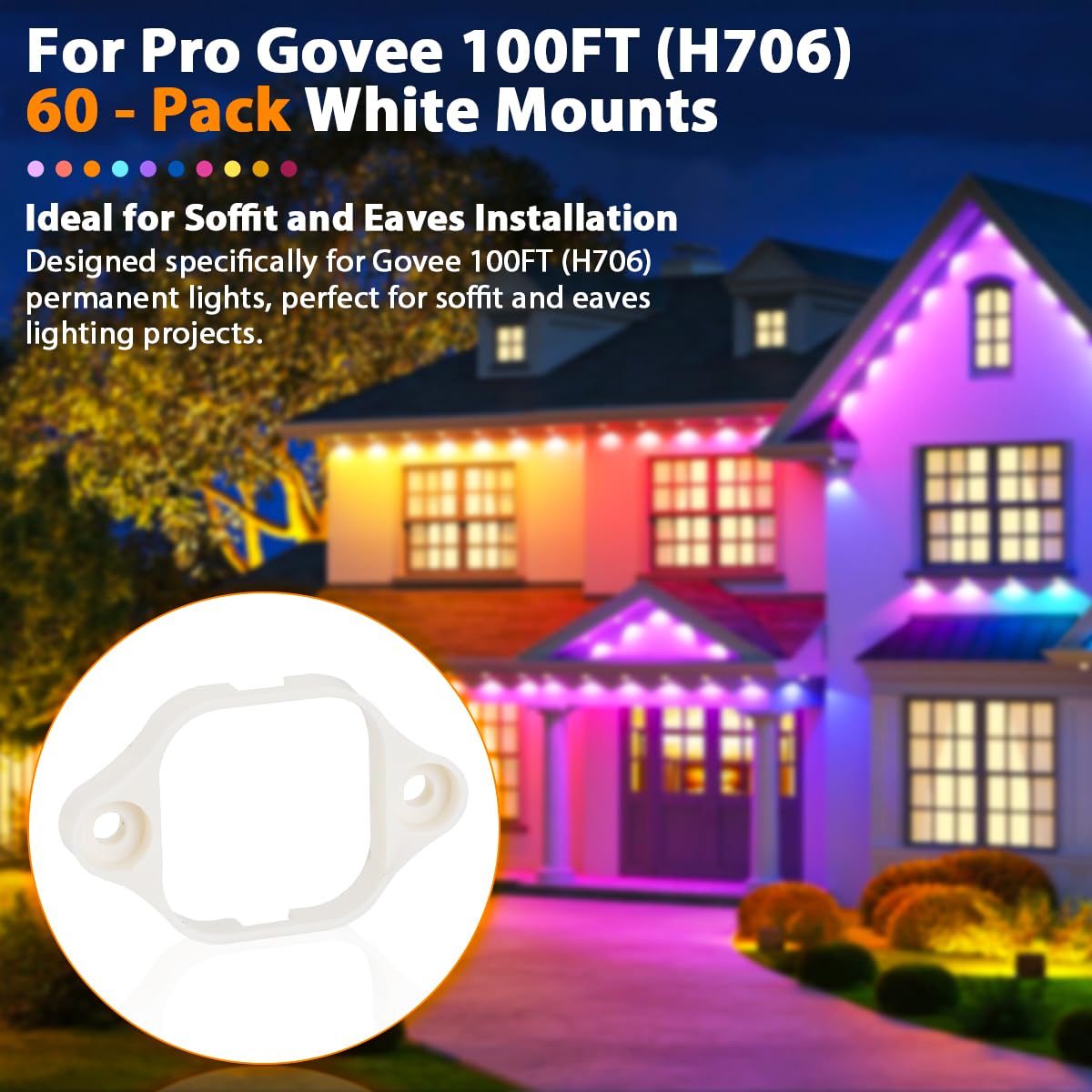 for Govee 100FT Pro (Model H706 ONLY) | 60-Pack Permanent Light Mounting Brackets | Screws NOT Included (Specs Provided) | Ideal for Soffit/Eaves