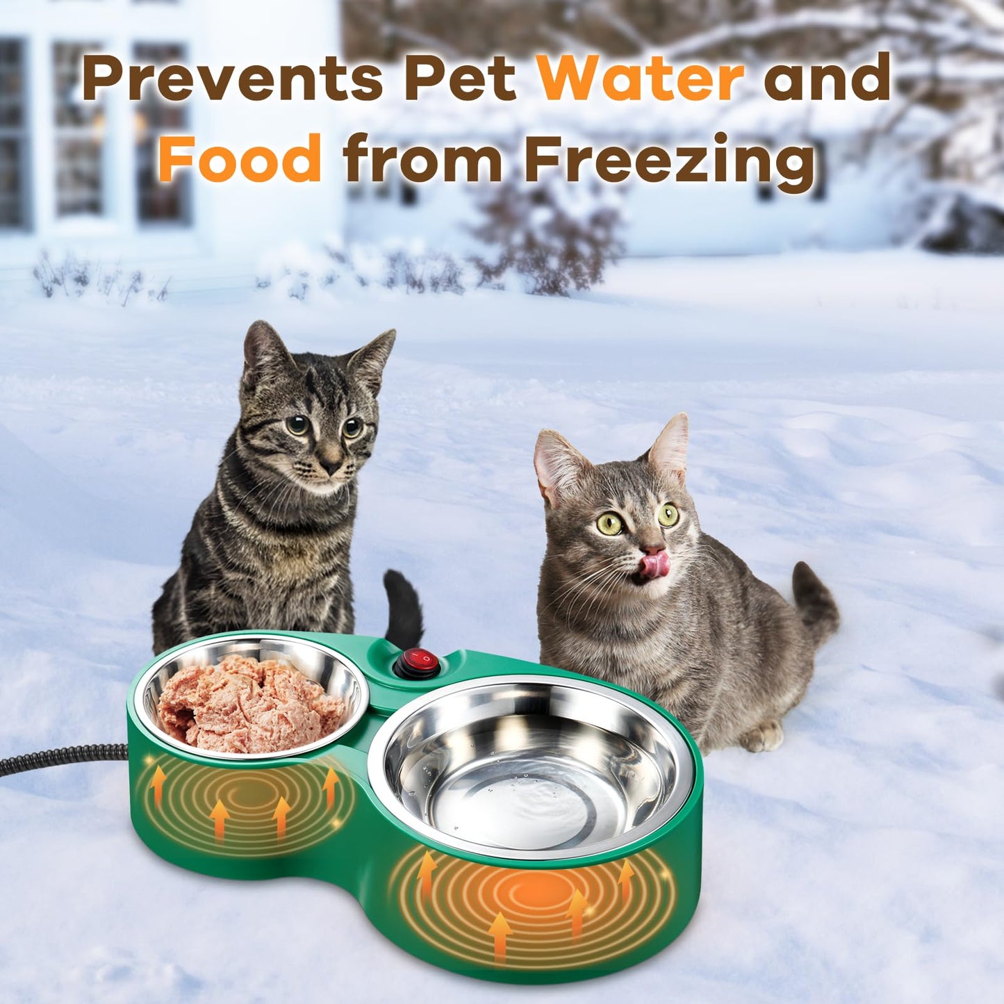 Heated Cat Bowl - KOKOPRO for Outdoor Heated Pet Bowl Stainless Steel Heated Water Bowls Food Warmer, Double Heated Pet Bowl for Feral Cat Feeding Station Provide Non Freezing Food and Water in Winter