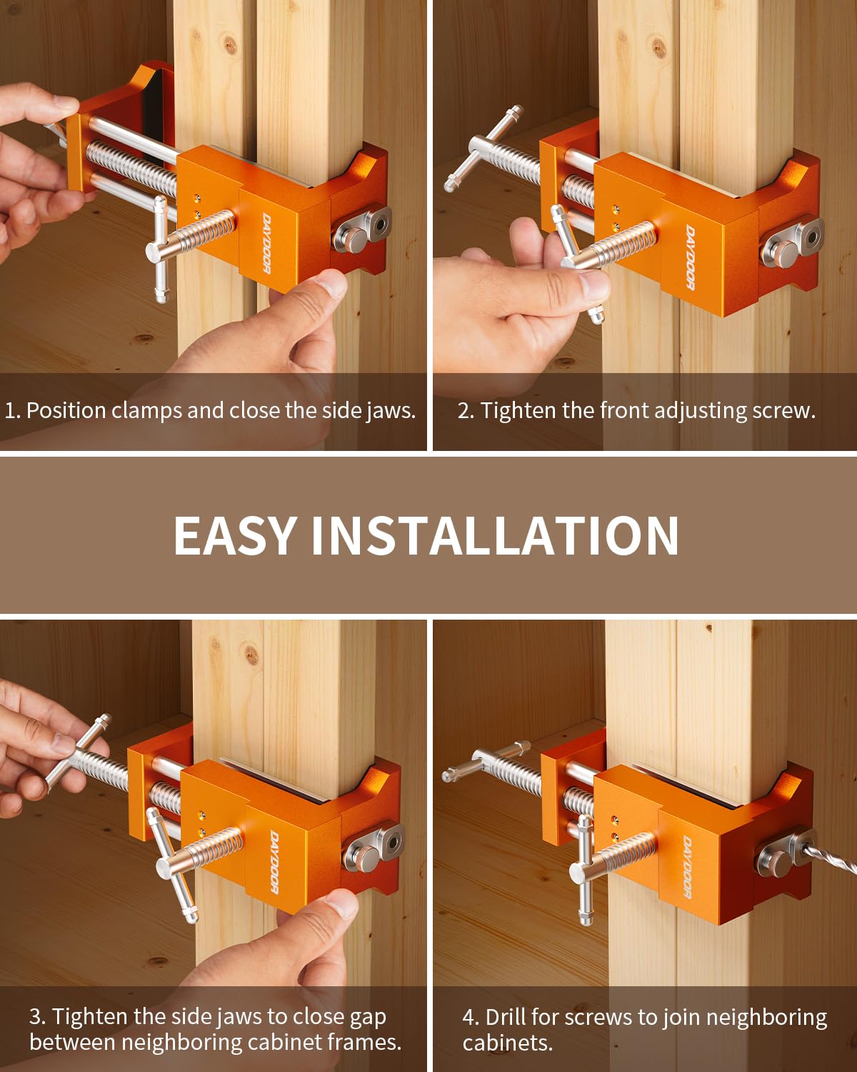 DAYDOOR Cabinet Clamps, Cabinet Face Frame Installation Clamps, Cabinet Alignment Tool for Woodworking, 2-Pack, Orange