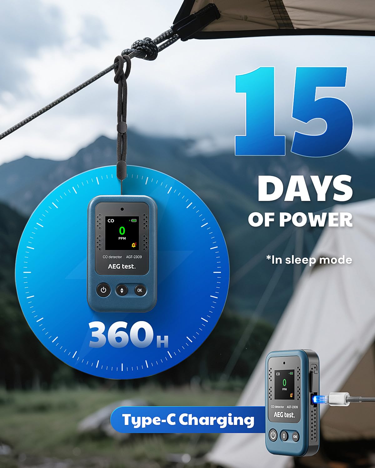 AEGTEST AGT-2309 Portable Carbon Monoxide Detector, 15-Day Standby, Rechargeable Mini CO Monitor with Lanyard for Travel & Camping, Handheld CO Meter with Audible & Visual Alerts, 0-1000ppm - Blue