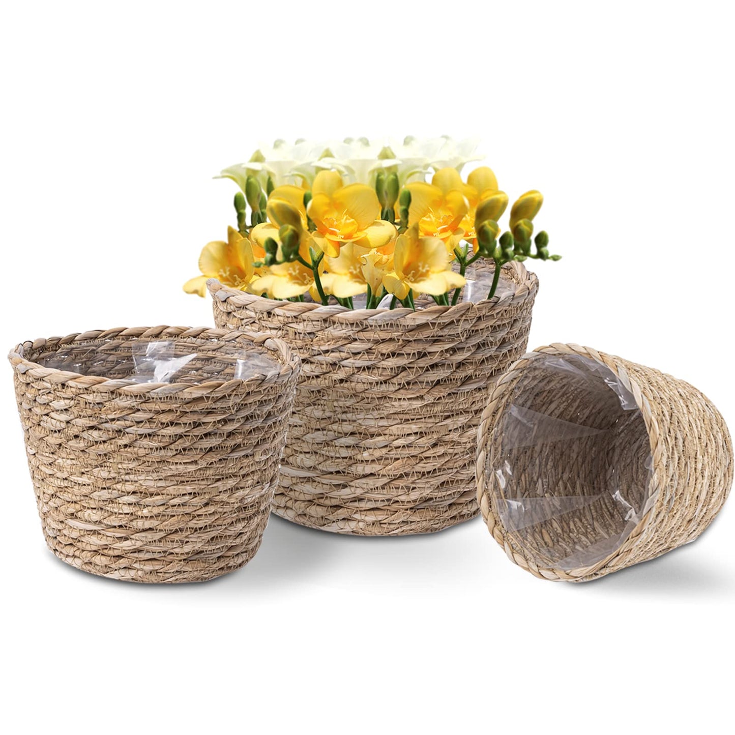 3 Pack Seagrass Planter Basket, Woven Planter Baskets Flower Pots Cover Storage Basket Plant Containers for Indoor Outdoor Plant and Home Decor
