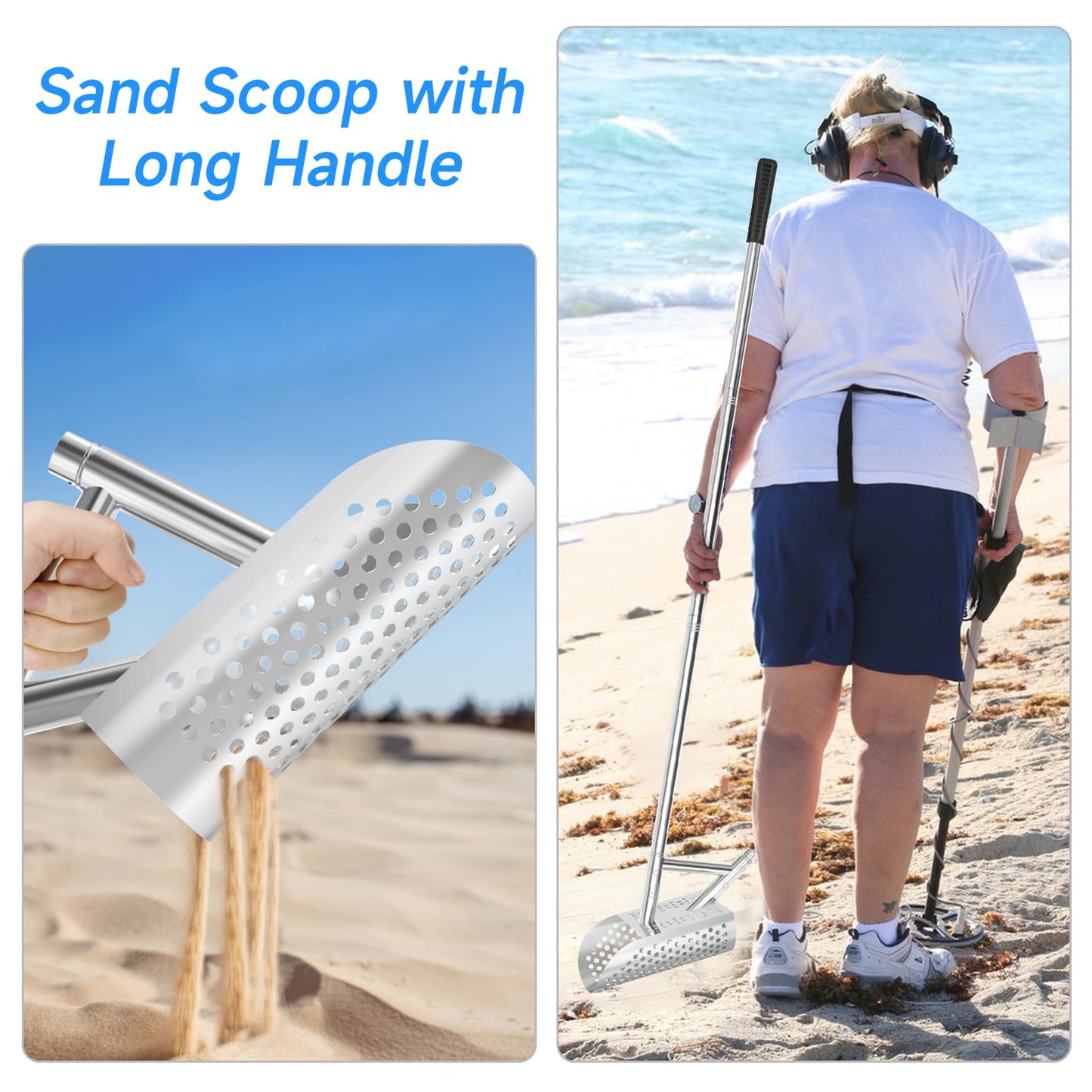 SAN LIKE Sand Scoop for Metal Detecting for Adult,Heavy Duty Metal Detector Scoop, Stainless Steel Beach Shovel,Detecting Tool,T Digging Shovel Fast Sifting Shovel（Bag + Sand Scoop+Sand Shovel）