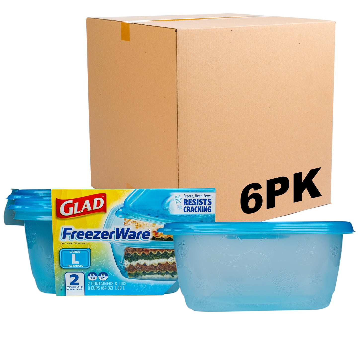 Glad GladWare Freezerware Food Storage Containers - Large Rectangle - Meal Container Holds up to 64 Ounces of Food - Lock Tight Seal, 2 Count - 6 Pack