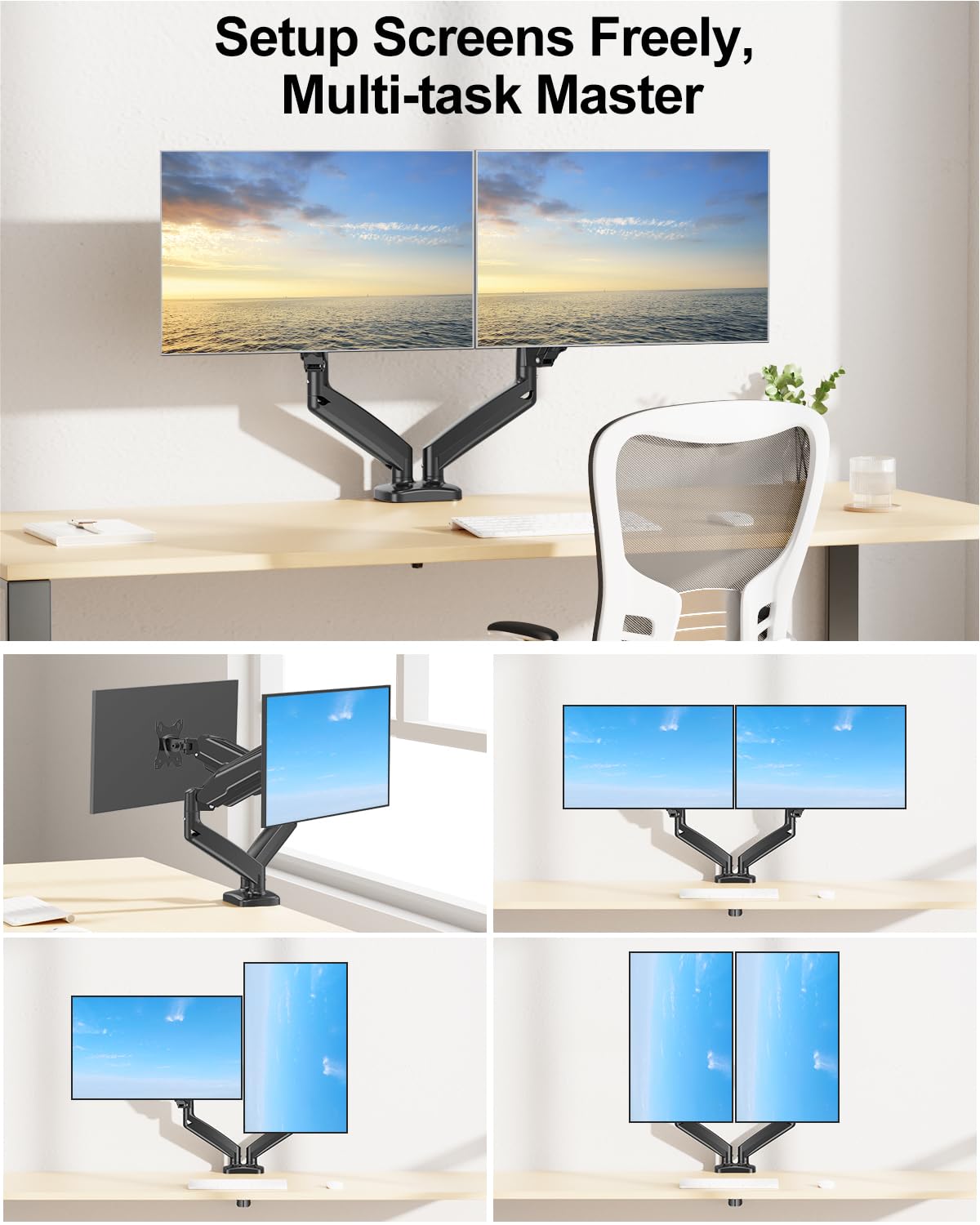 MOUNT PRO Dual Monitor Mount Fits 13 to 32 Inch Screen, Height Adjustable Monitor Stand for 2 Monitors, Full Motion Display Arm Holds up to 17. 6lbs Each, Computer Desk VESA Mount, Black