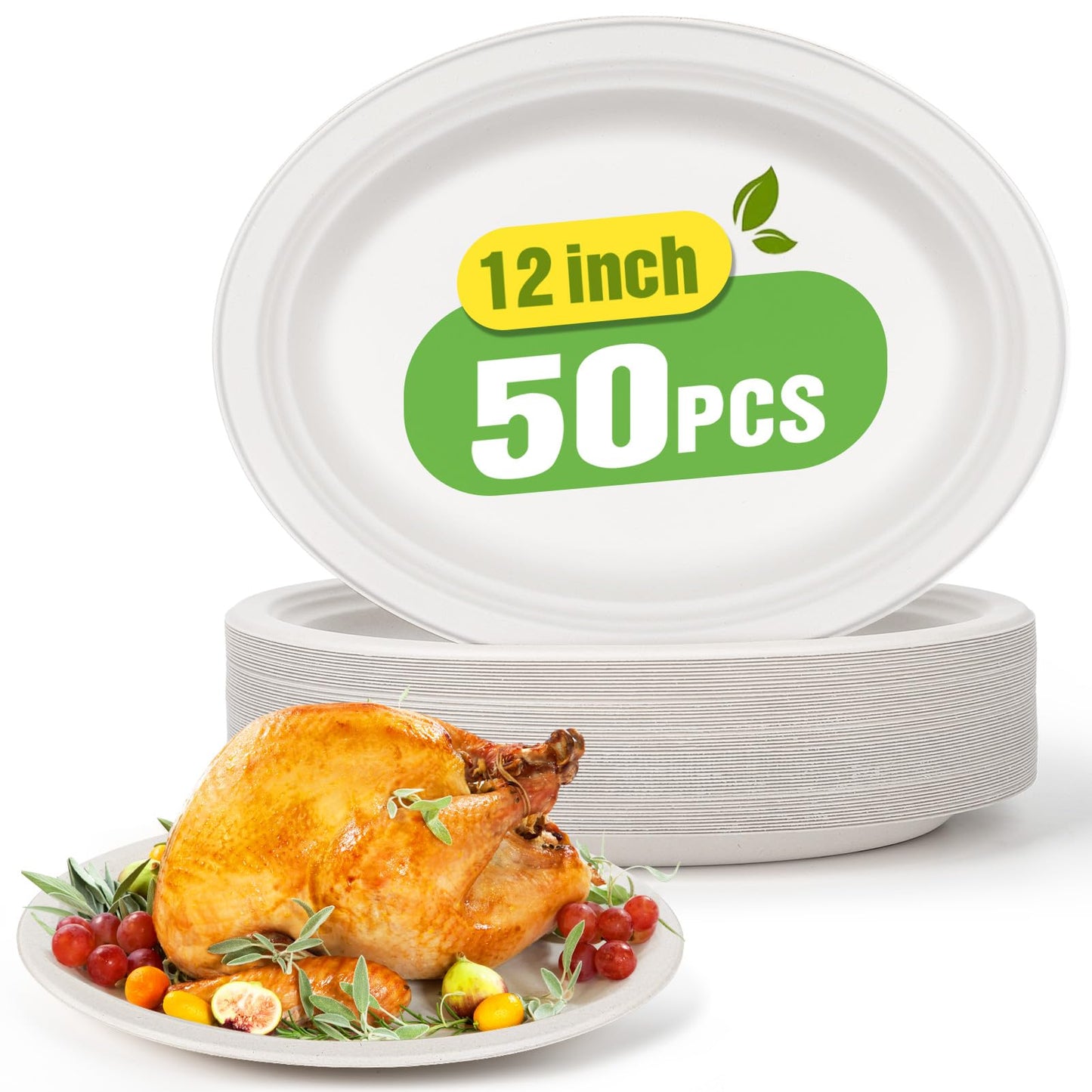 Gezond 100% Compostable Oval Paper Plates 12.5 Inch 50 Pack Large Disposable Heavy-Duty Plates Eco-Friendly Sugarcane Fiber Plates Biodegradable for Party, BBQ and Picnic Whtie