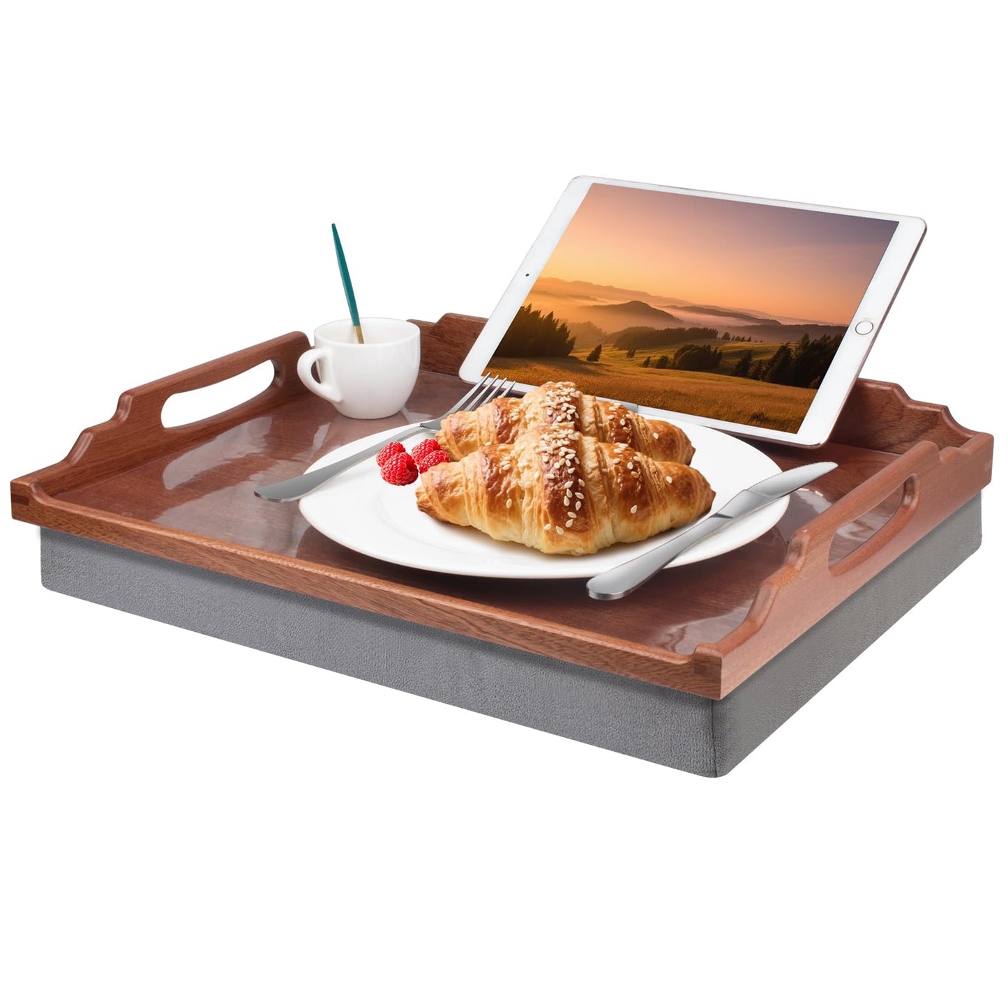 DRELIFAM Lap Desk with Cushion,Wooden Bed Tray Table for Eating,Lap Tray in Recliner,Breakfast Tray,TV Dinner Bed Food Trays (Sapele Wood)