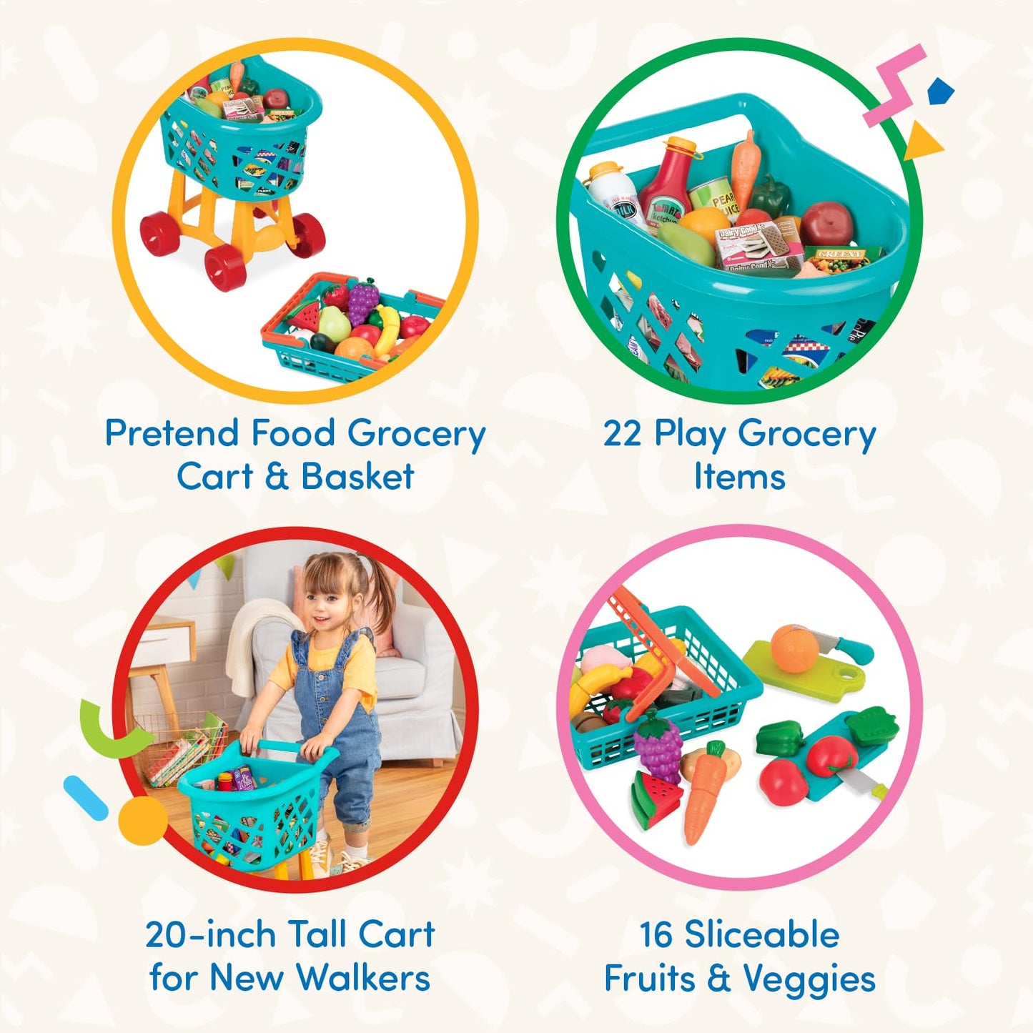 Battat – Deluxe Grocery Playset – Toy Food for Toddlers – Shopping Cart Toy – 20+ Pretend Food Items – 3+ Years– Shopping Cart & Groceries Bundle