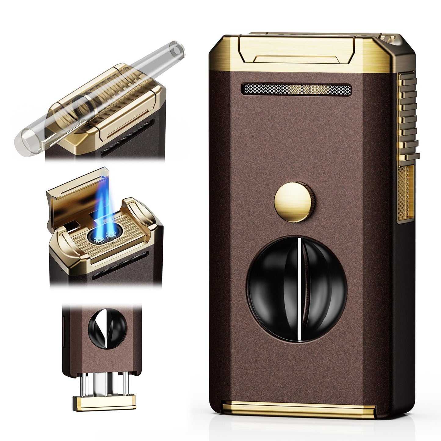 All-in-one Torch Lighter, Multifunctional Accessories with Gift Box (Brown and Gold (Brown and Gold)