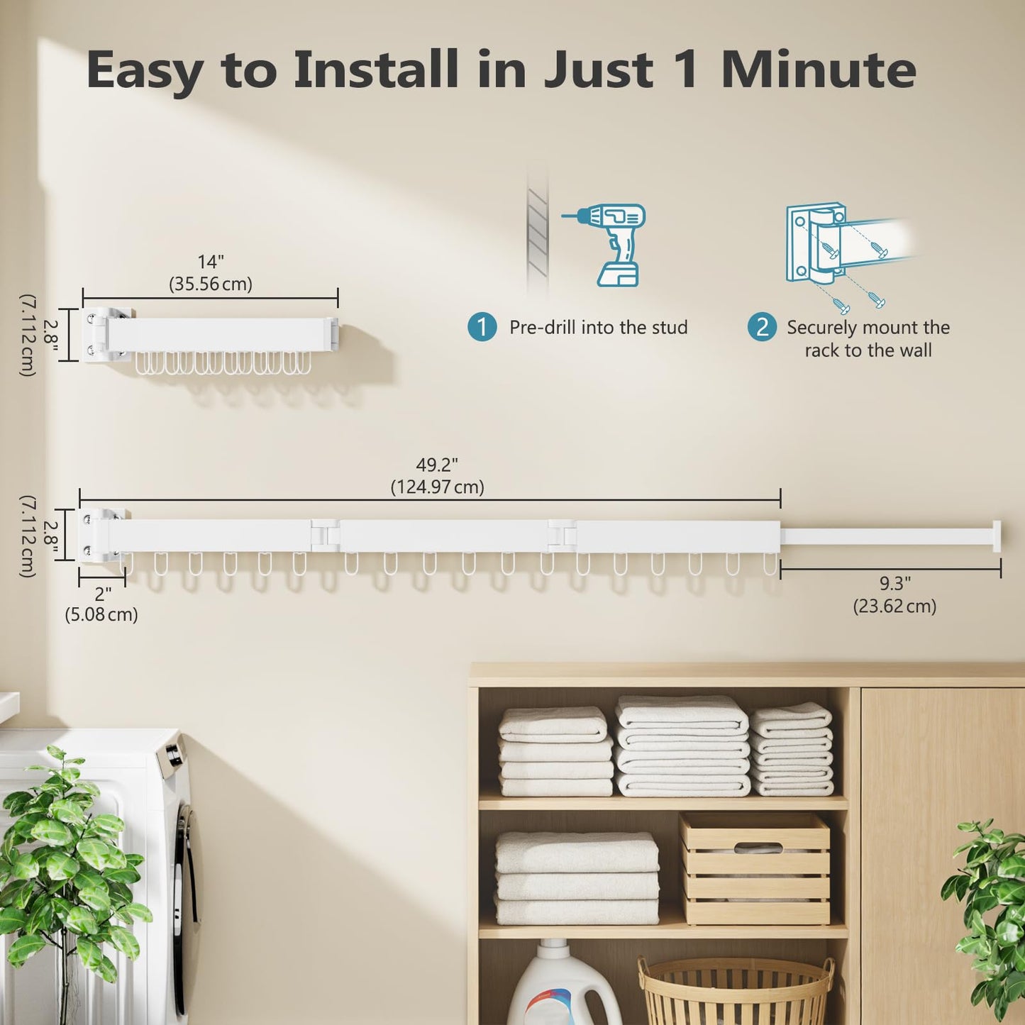 JAUREE Clothes Drying Rack Wall Mounted, Laundry Drying Rack Collapsible, Space Saving Wall Drying Rack Clothing Foldable, Tri-Fold Retractable Rack Outdoor Indoor with 18 Hooks, White