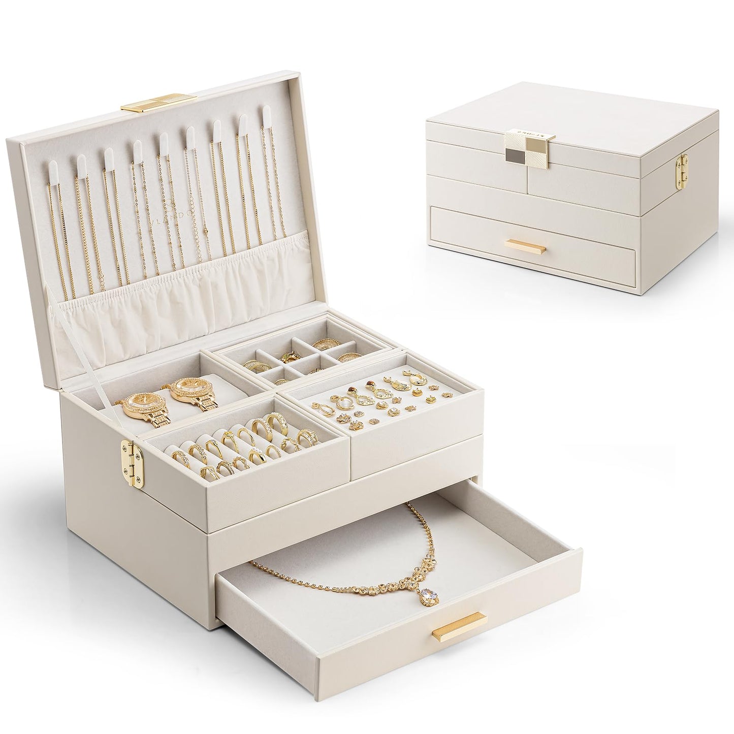 Vlando Jewelry Boxes for Women,3 Layers Jewelry box Organizer With Expandable and Removable Tray,Jewelry Organizer Box for Earring,Ring,Necklace,Bracelets,Beige