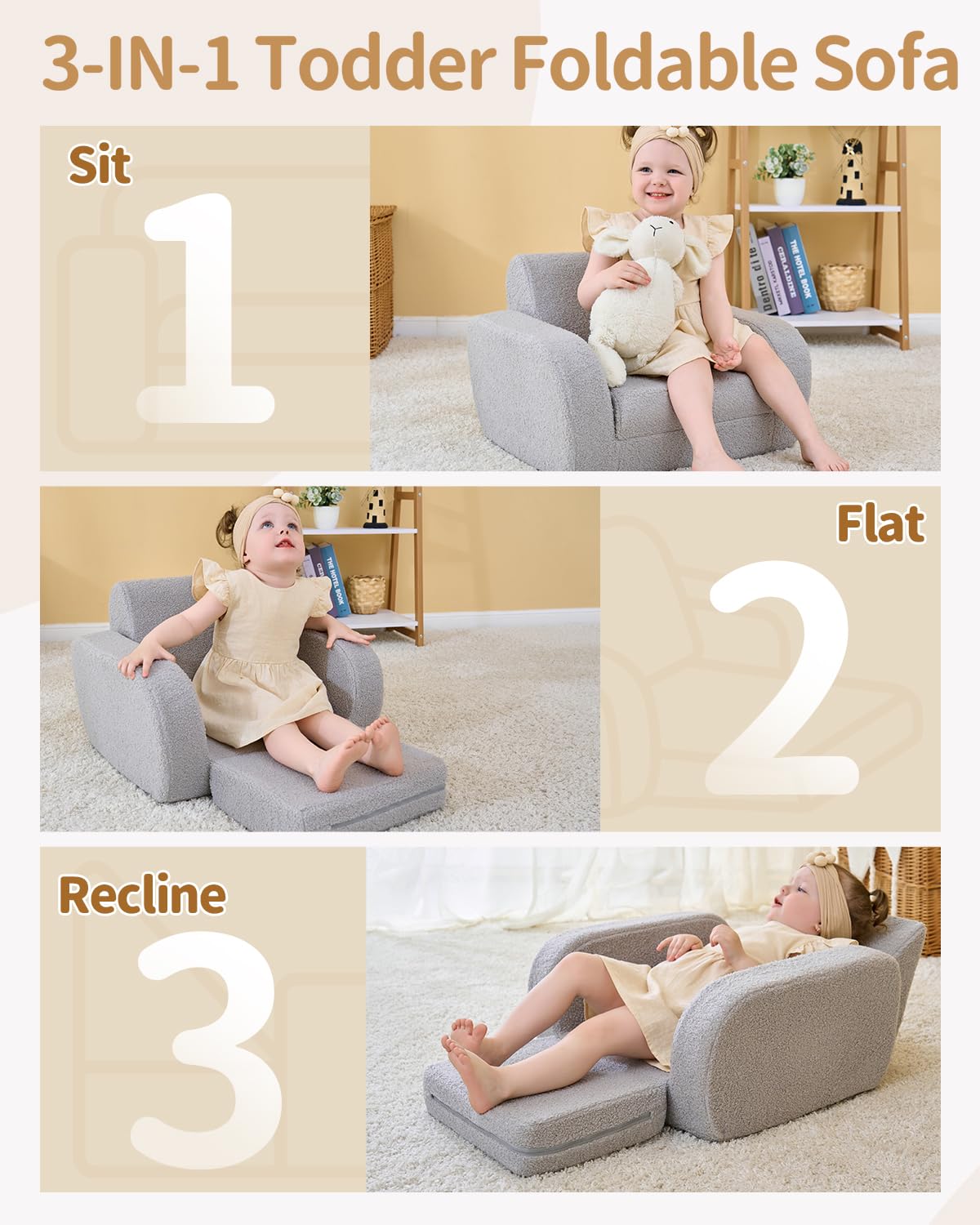 KidBloom Kids Couch, 3-in-1 Toddler Chair for Sit, Flat and Recline, Sherpa Fabric Fold Out Sofa, Sofa for Kids Boys and Girls
