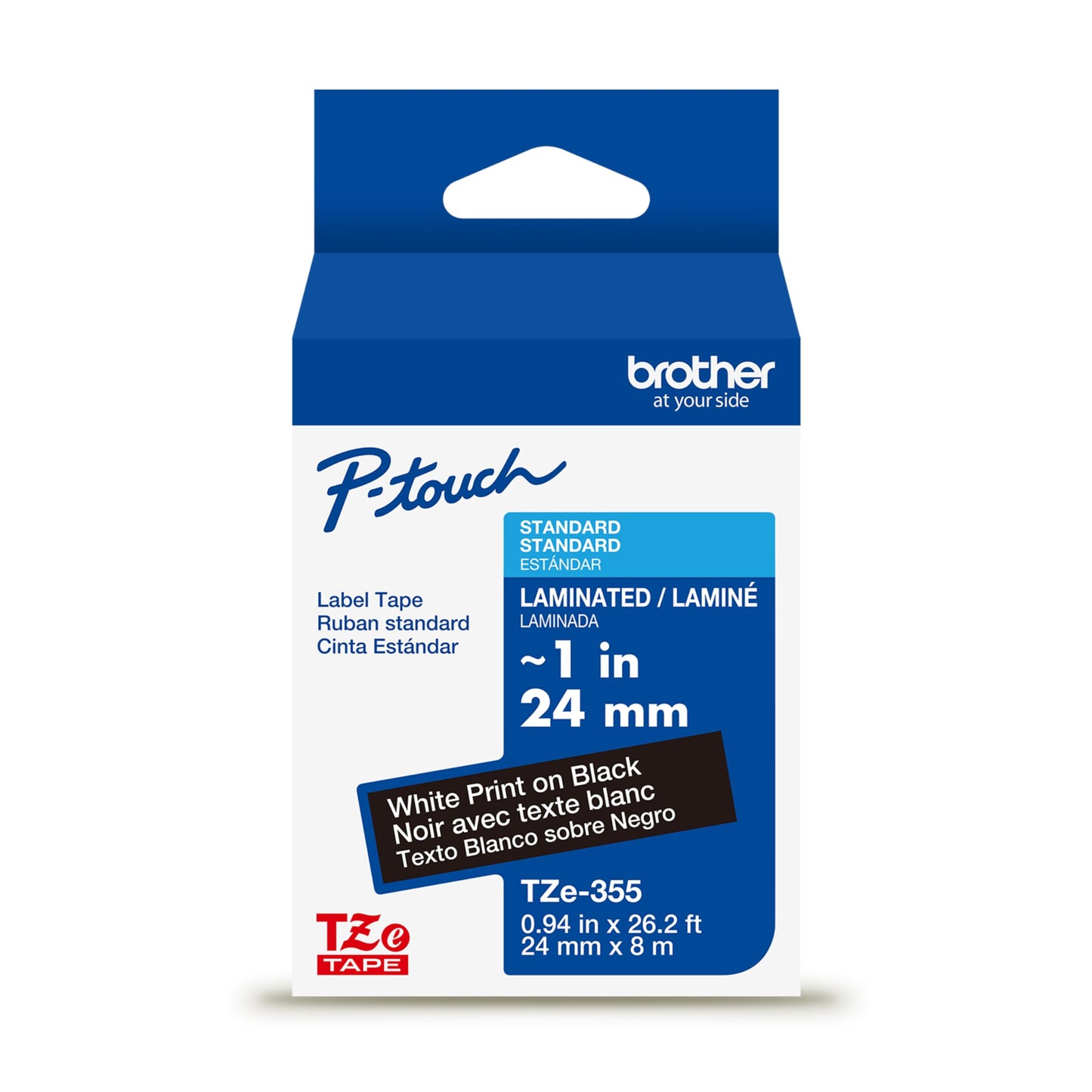 Brother Genuine TZe-355 White on Black Laminated Tape for TZe-Compatible P-Touch Label Makers, 24 mm Wide x 8 m Long