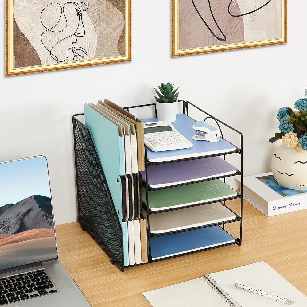 Gugsey Desk Organizer with File Holder, Organisateur et Accessoire de Bureau, 5-Tier Paper Letter Tray, Mesh Desktop File Organizers, Organization and Storage for School, Home, Office (Black)
