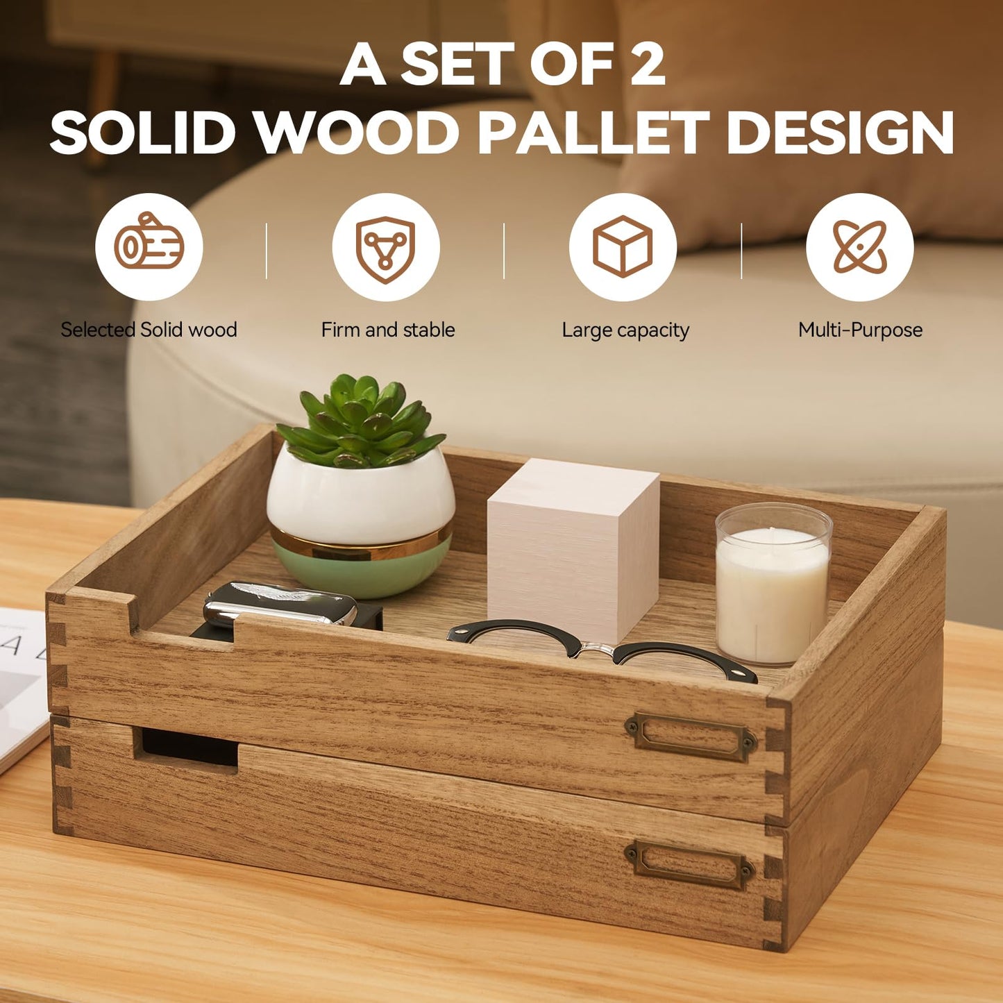 Kirigen Wooden Stackable Office Letter Organizer Desk Tray Pack of 2 - Wood Two Tier Tray for Desktop Organizeration with Metal Label Card Holder - Inbox Tray for Desk,Dark Brown,2TTP-DBR
