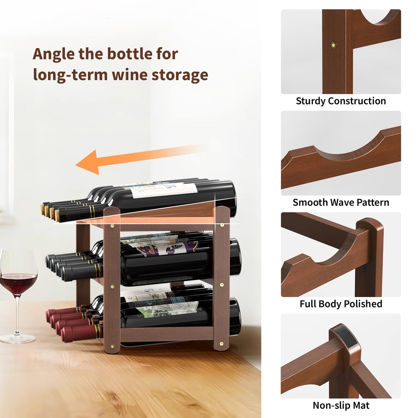 CAMOAT Wine Rack | 3-Tier Bamboo Wine Rack Organizer | Freestanding Floor & Countertop Wine Holder for 12 Bottles | Sturdy Wine Shelf | Perfect for Kitchen,Cabinets,Home Bar,Wine Storage (1, 3-Tiers)