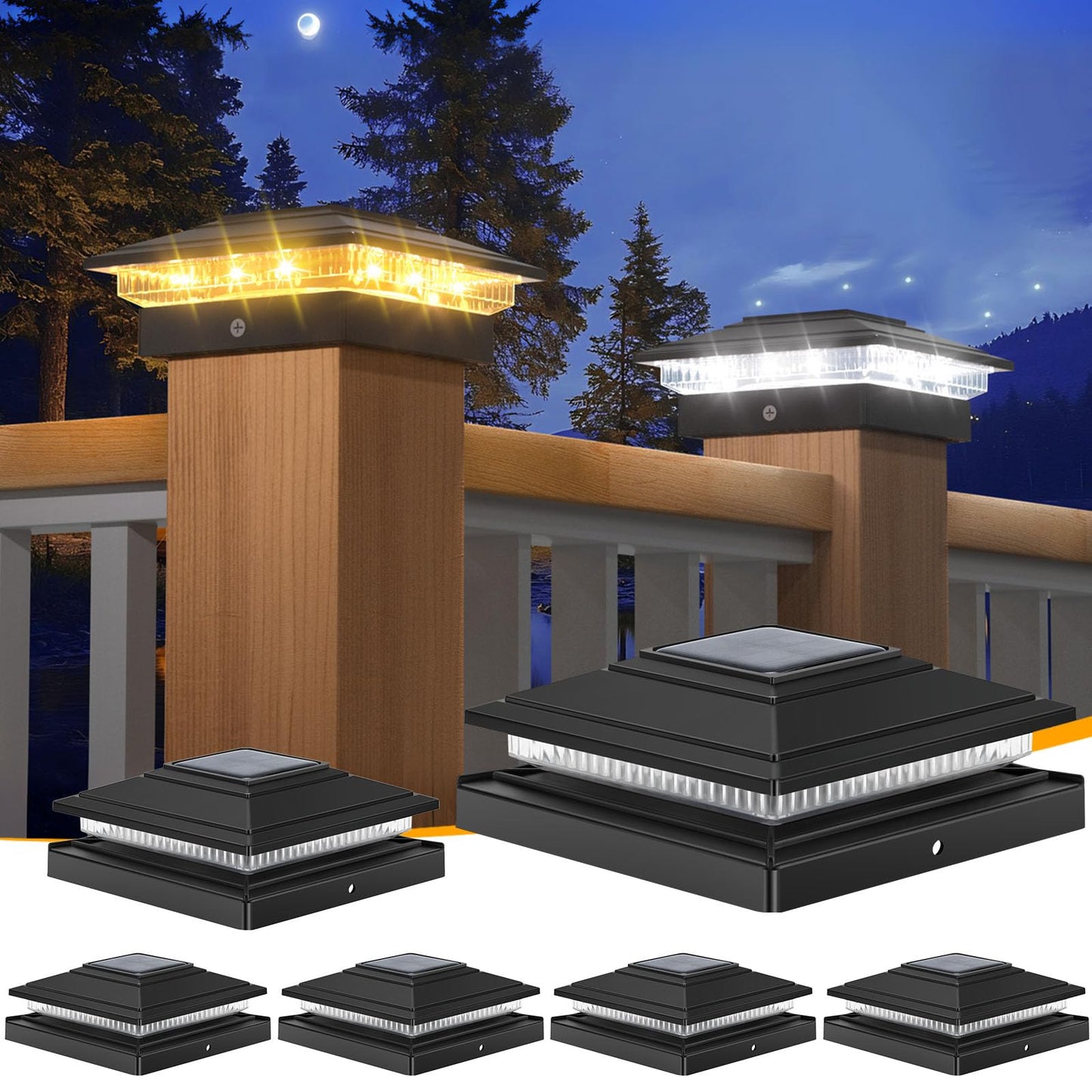 APONUO Solar Post Cap Lights Outdoor 6 Pack, Warm White/Cool White IP65 Waterproof Outdoor for 4X4 6x6 Wood & 4X4 5x5 Vinyl Posts, Auto On/Off Deck Fence Garden Patio Lights Decor, Black