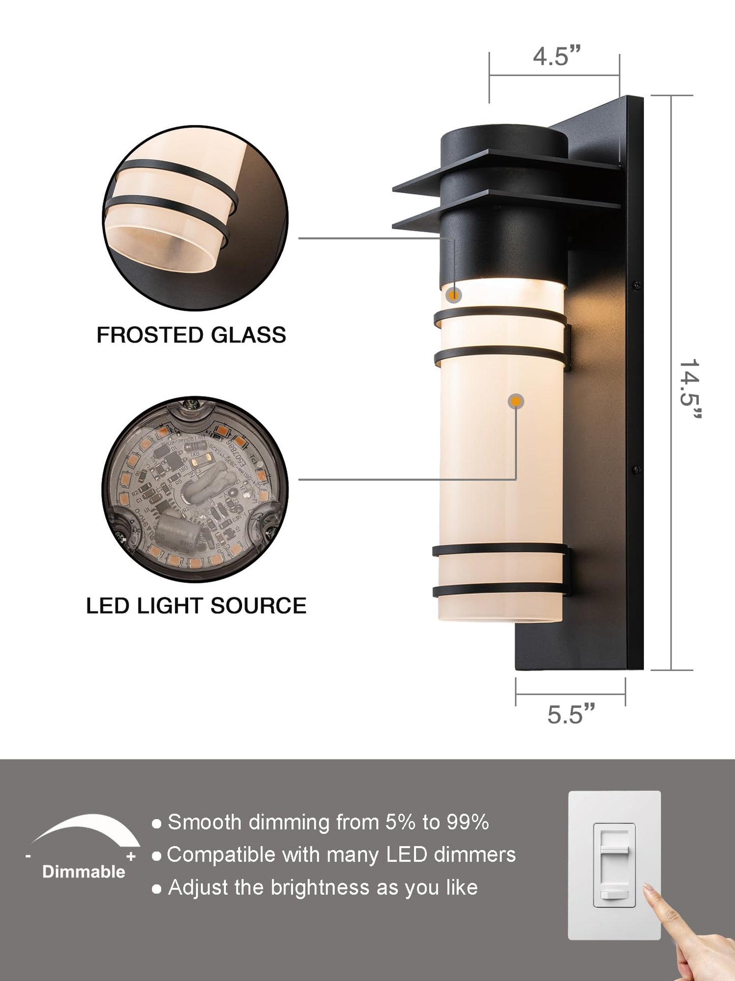 OUPAVOCS Outdoor Light Fixture Wall Mount, Commercial Residential LED Wall Sconce, Modern Exterior Wall Lights Fixture, Black LED Wall Lamps with Frosted Glass, 10W Patio Lighting for Yard, Garage