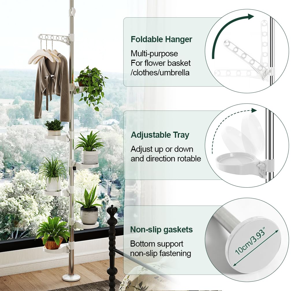 Hershii 7-Layer Tension Pole Plant Stand Indoor Decorative Metal Flower Pot Holder Display Rack Floor to Ceiling Adjustable Hanging Corner Shelf Space Saver - Ivory