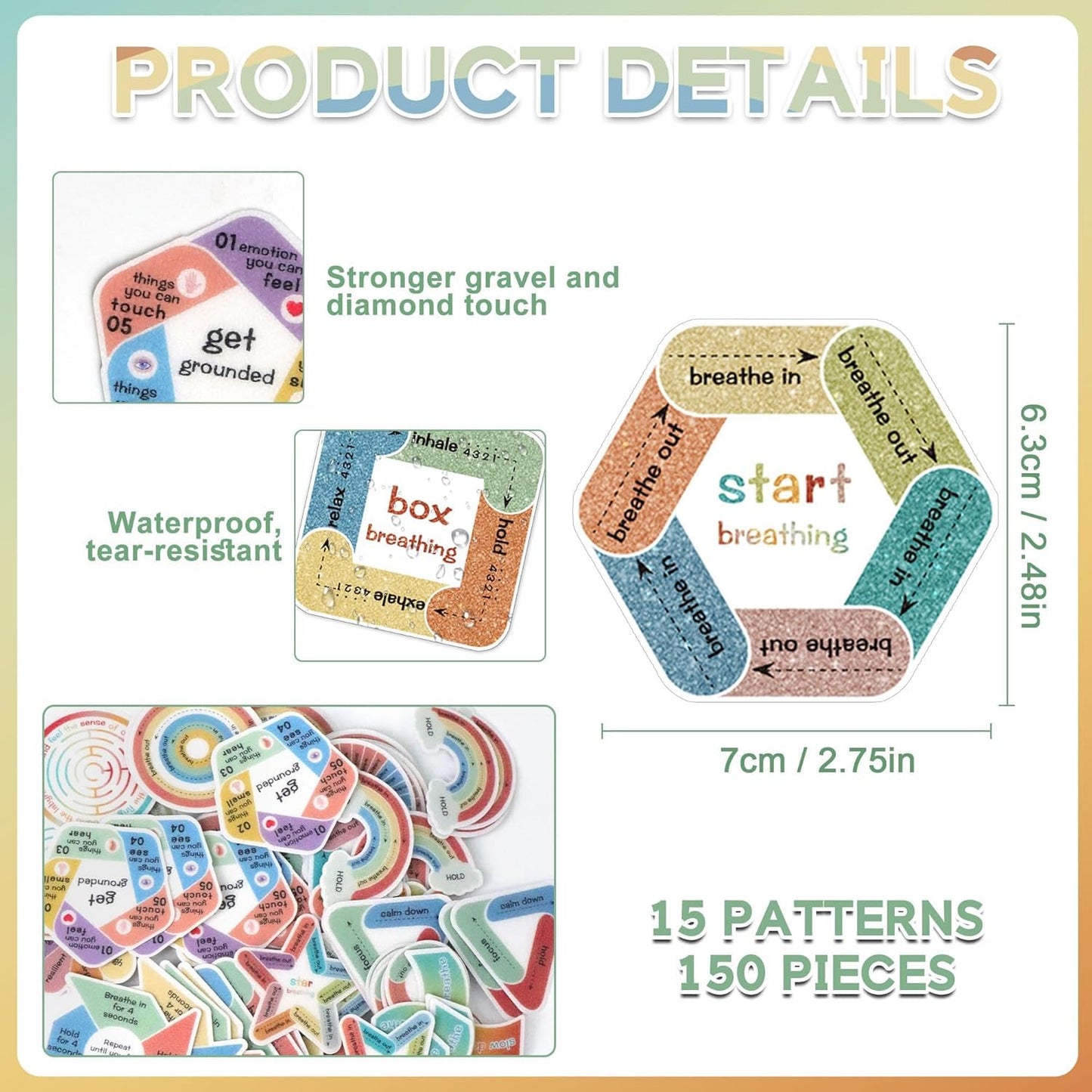 Calm Strips for Anxiety Sensory Stickers Textured Sensory Anti Stress Anxiety Relief Items Boho Calm Stickers Bulk Waterproof Fidget Adults Classroom Teacher Office Supplies (150)